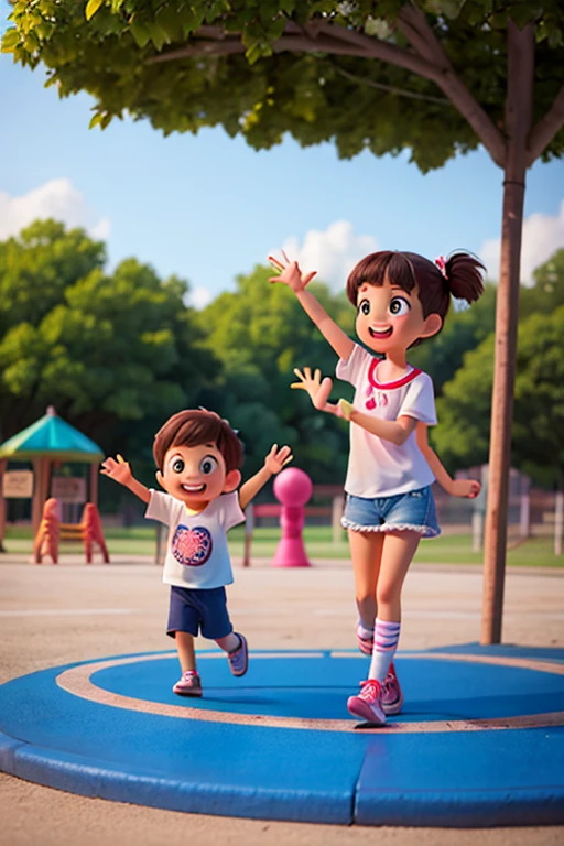 Twin Toddlers playing joyfully in a vibrant and colorful playground, their innocent laughter echoing in the air.