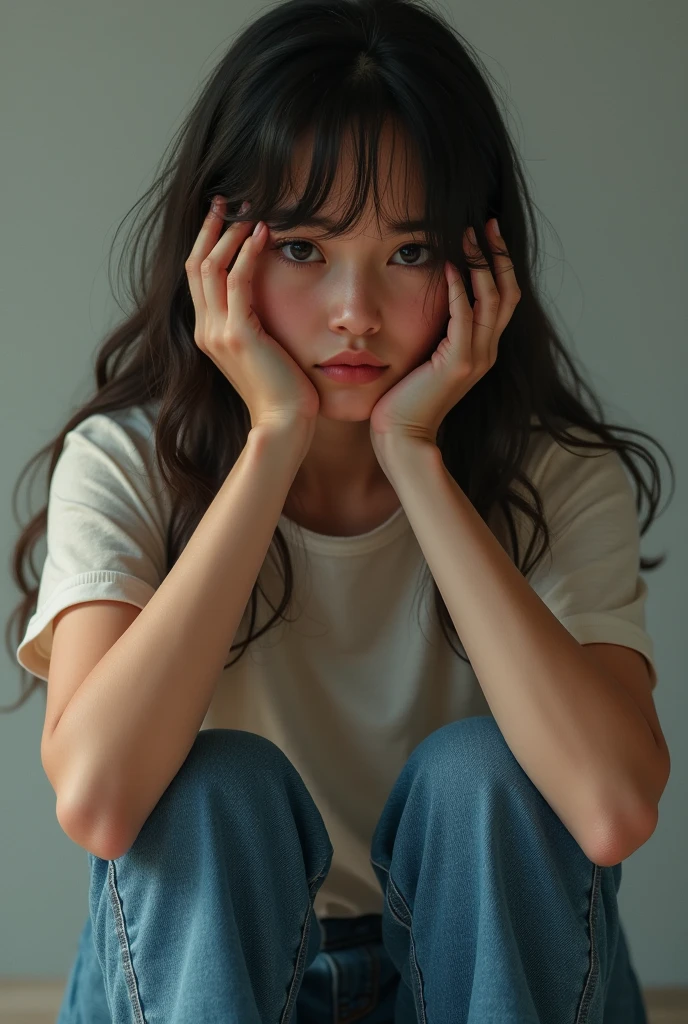 Highest image quality、Masterpiece level、Ultra-high sharpness、Fidelity 1.4，photoshoot，A girl appears[（grieves）]，In a white blouse shirt，The scene is dim、darkly，Present despair、pitying、Feeling of pity，Squat on the ground。Like a movie，With tears，There are tears on the face。There are tears on the clothes（Weight 1.5），drenched clothes（Weight 1.4）and bare shoulders。It's really raining，The hair is soaked。