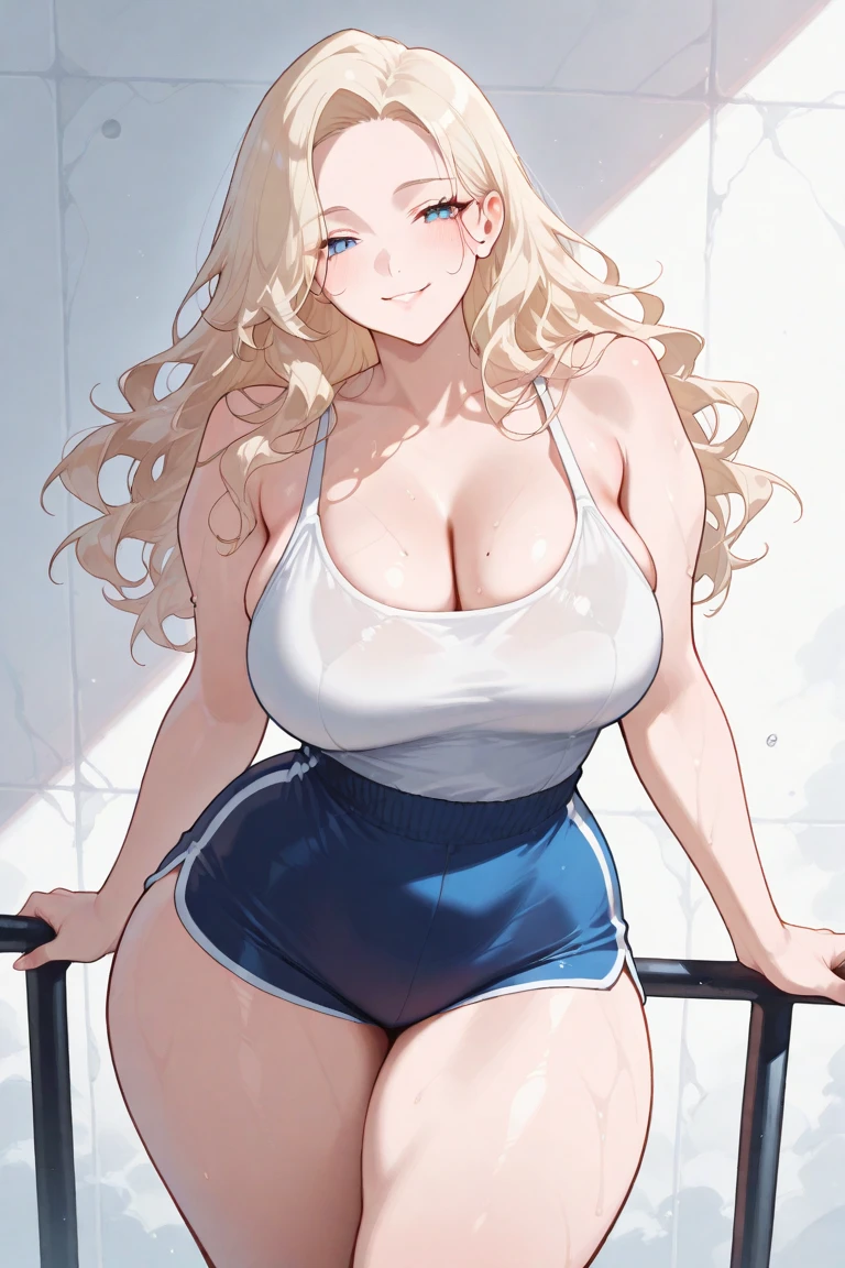 The prompt is: voluptuous, long blonde hair, thick thighs, 8K, 4K, best quality, high resolution:1.2), cute anime face, noise reduction, full body portrait, sparkling blue eyes, gentle smile, rounded, wearing a headband, naked, standing position, T-back that digs into the buttocks, barefoot, toned abs, muscular arms, muscular legs, in a bedroom, (((calvin klein underwear))), (((exposed nipples))).
Please note that the prompt should be in English and should not include any explanations or sentences.