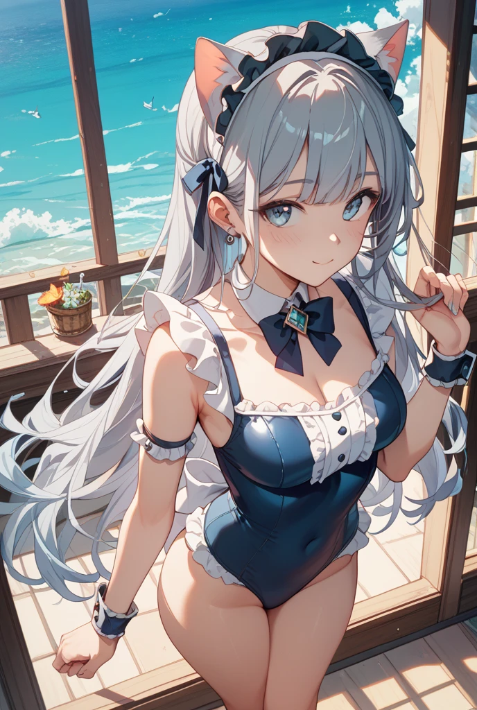 frilled swimware, breasts