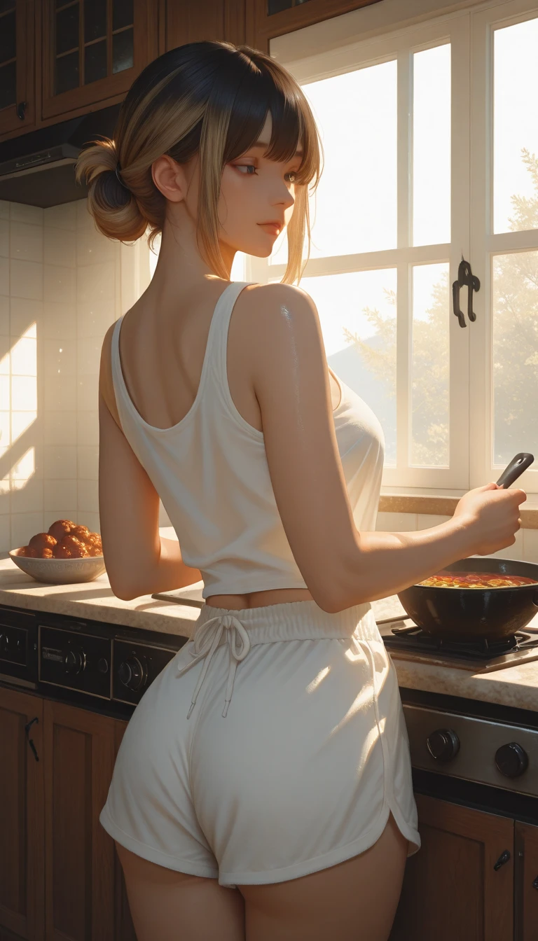 (wavy korean perfect body Supermodel), (messy bun blonde hair), wearing (braless, topless, white satin miniskirt), pose from the back, natural (chest), big hips, big ass, long legs, modern kitchen background, feminine fit detailed body and face and skin pores, full body, highly detailed expressive, candid, space above head, depth of field, skin details, ultra realistic, cinematic