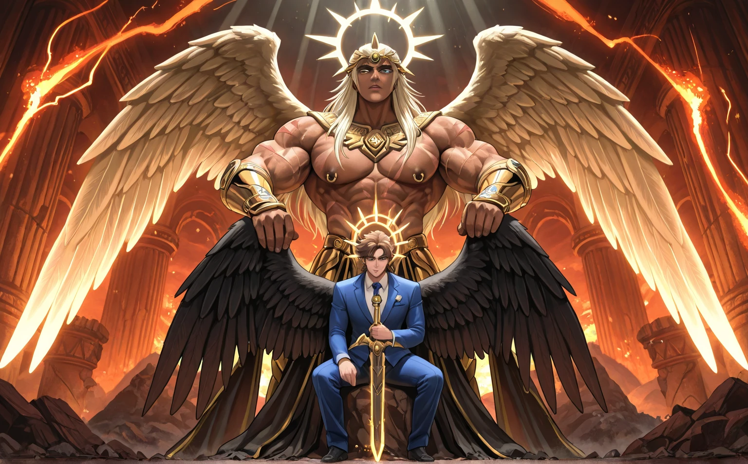 "Front view, dark ilumination, Golden demon with four arms wearing various jewels and with a crown on his head representing one of the deadly sins: A Avareza, ultradetalhado, alta resolução, arte conceitual, Arte Digital, 4k."