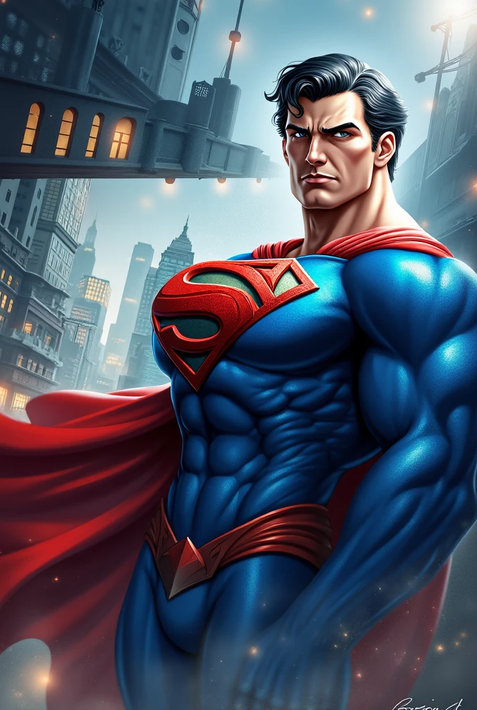 1boy, superman, abs, bara, black hair, blue bodysuit, blue eyes, bodysuit, cape, closed mouth, crossed arms, large pectorals, male focus, muscular, muscular male, pectoral lift, pectorals, red cape, short hair, outdoors, skyscrapers, solo, superhero, upper body , ((masterpiece)),