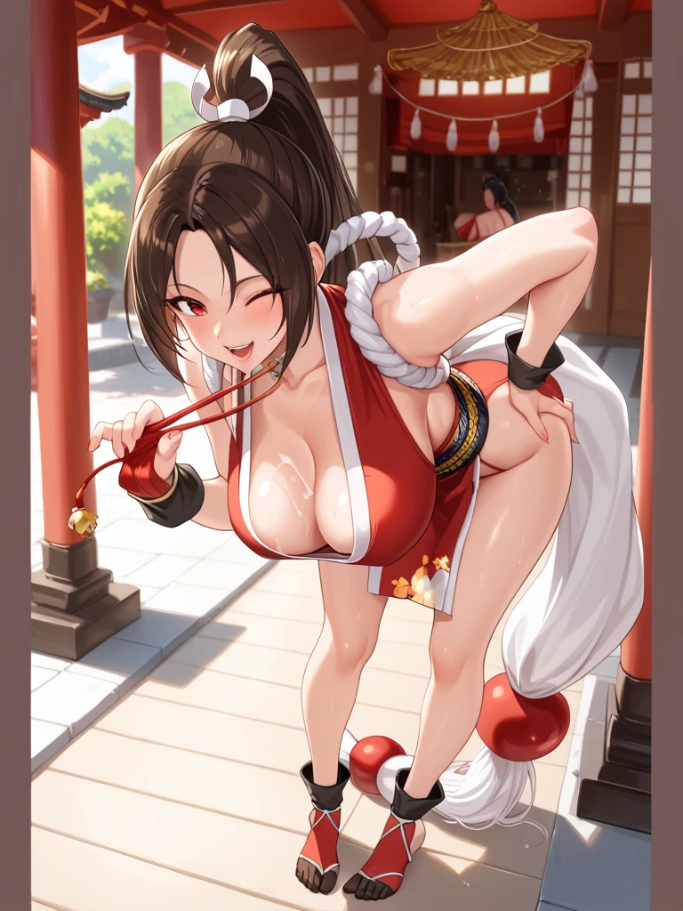 (masterpiece, best quality, high resolution),cowboy shot, 1girl, solo, maims, large breasts, pelvis curtain, japanese clothes, revealing clothes, cleavage, <lora:MaiMS:1>