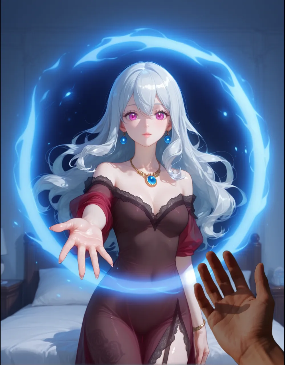 (masterpiece, best quality), amazing quality, very aesthetic, absurdres, highres, newest, HDR, 8K, chiaroscuro, impasto, intrinsic light, luster, shiny color, strong coloring, masterful shading, high contrast, mature female,

handgag_POV, cupping, close-up, Elven sorceress, silver hair flowing, ethereal gown, floating amidst enchanted forest, bioluminescent flora, dreamy lighting​