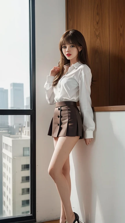 (masterpiece:1.3), High resolution, Super detailed, Very detailed CG ユニティ 8k 壁紙, Realistic, photo-Realistic, RAW Photos,beautiful detailed face, Pale skin, Realistic glistening skin, Detailed cloth texture, Detailed hair texture, Perfect body, beautiful顔, Accurate, Anatomically correct, Very detailed顔と肌の質感, Natural neck length, (beautiful hands), (Fair skin:1.2), Thin legs, Thin legs, Fine grain, Symmetrical eyes, Light brown eyes, double eyelid, Thin eyebrows, (Glossy Lips:1.4), ((gently smile:1.2)), (blush:1.1),(Highest quality, masterpiece, photo-Realistic, Very detailed, ultra High resolution, to be born:1.3), (Three Girls:1.3), beautiful, Japanese, mature, 28 years old, office worker, (smile), (bangs), (((Strongly blurred beautiful office corridor background:1.1)、The most natural and perfect office hallway、Perfectly organized hallway、), (Long legs, High heels, whole body:1.2), (Big Breasts:1.3), (crowd)((White long sleeve button up blouse_With collar_Delete up to the second button_Brown pleated mini skirt:1.3)),((Super long brown hair:1.2))((Hair with loose inward waves:1.2)),((shy smile:1.3)),((Gold Necklace_Big earrings:1.2)),((Looking down at the viewer,From below:1.5))