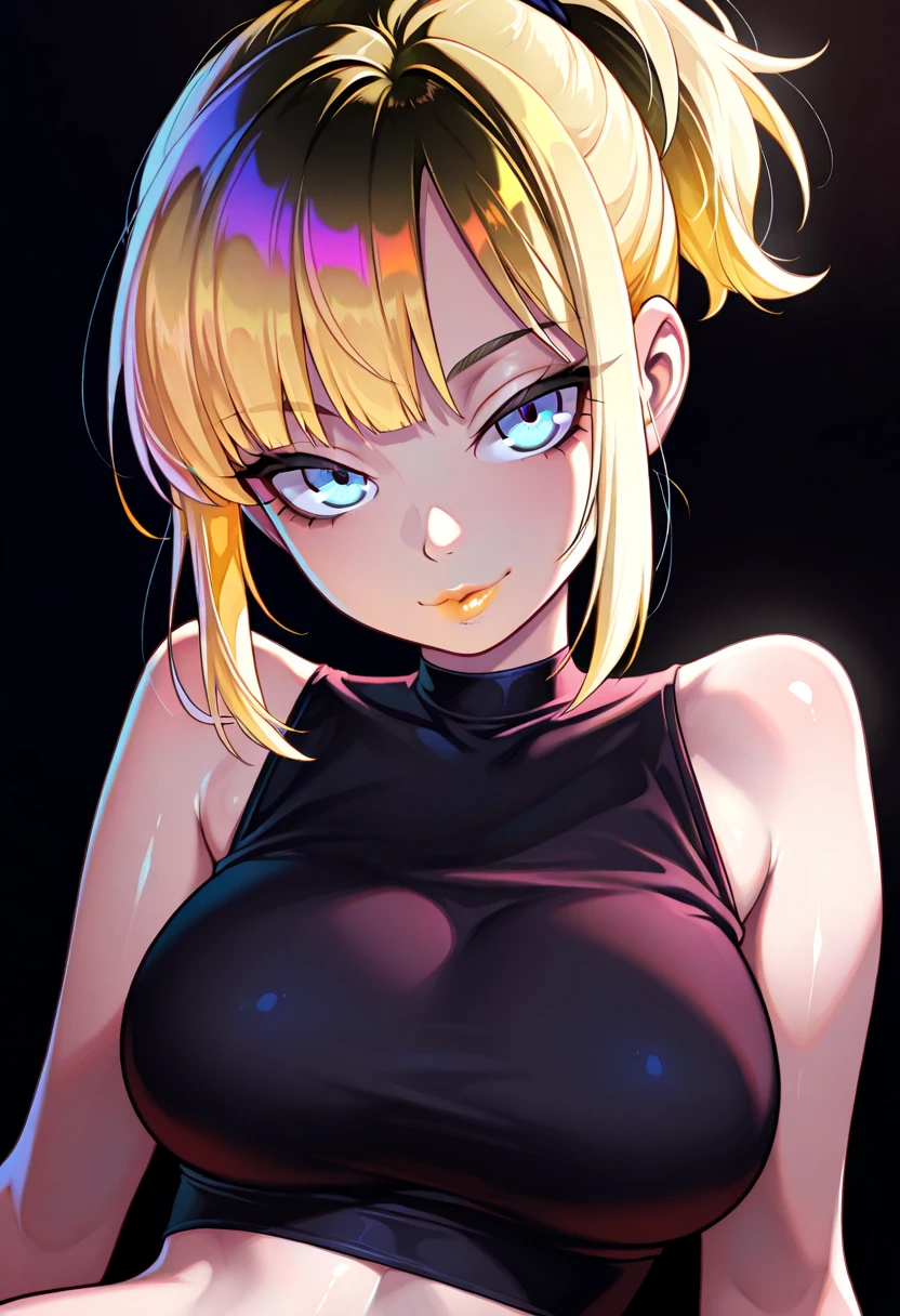 Transcendent Beautiful Girl, Black gal, Depiction only from the chest up, (face focus, upper_body:1.3), (Masterpiece face, Eyes of a masterpiece), (deep skin, dark skin:1.3), smug, Moist blue eyes, (pixie cut hair:1.3), (blonde hair, short shaved sides, very short back, very short side, under cut, side cut:1.3), long eyeslashes, heavy make up, Pink thick lip, without background, choker, Tank top, professional lighting, Masterpiece, best quality, captures a super cute moment, depth of field, ultra detailed, ultra high resolution, C4D, Octadale, 3D modeling, 8k, 16k,