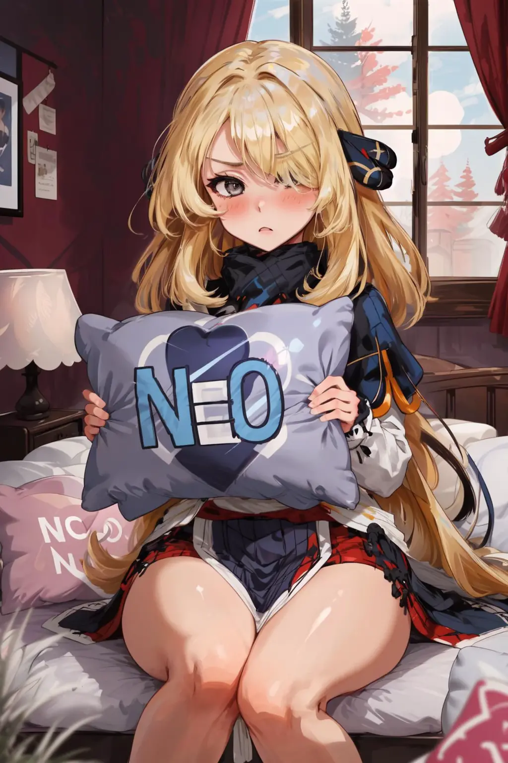 masterpiece,best quality,1girl,mature female,cynthia,blonde hair,very long hair,hair over one eye,wavy hair,grey eyes,hair ornament,wide hips,thick thighs,pelvic curtain,frown,blush,sitting,(holding pillow,no-pillow),indoors,bedroom,<lora:pillow_v2:1>,<lora:cynthia:0.8>,