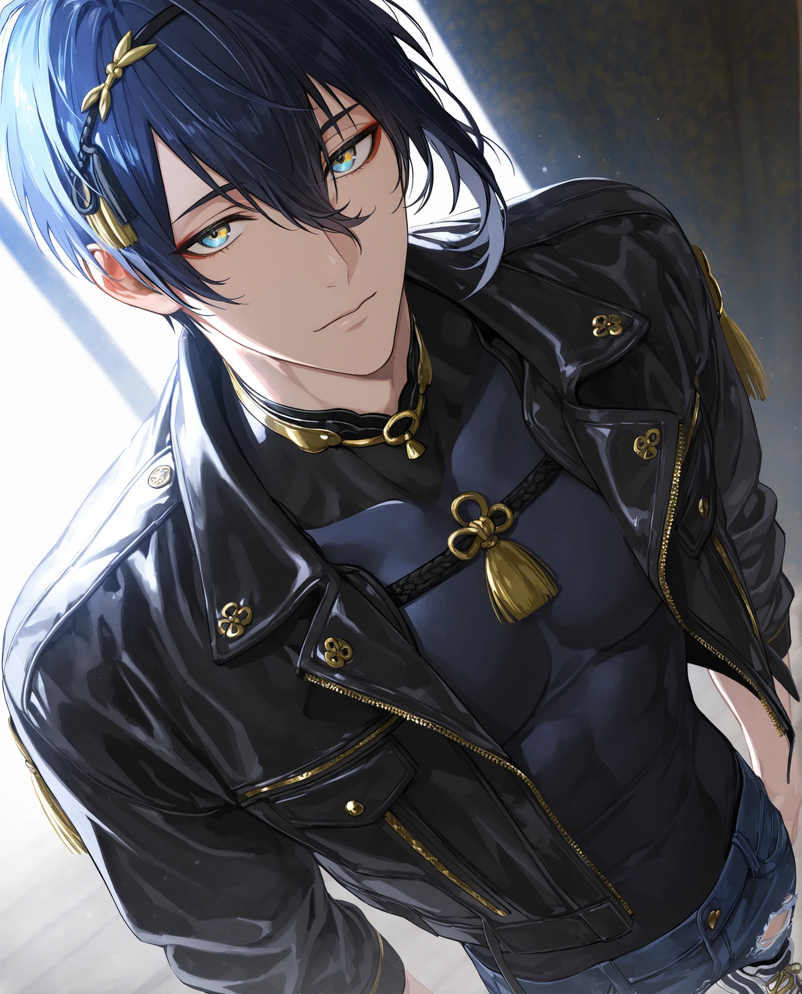 (masterpiece:1.2), (best quality:1.2), (very aesthetic:1.2), ,(newest),(highly detailed),(dynamic lighting),(cinematic lighting),1 man, adult, ,mikazuki munechika, touken ranbu, solo, blue hair, blue yellow eyes, handsome, sexy man, sensual,
,solo, cool_man_style, male cool clothes, cool fashion, intricate clothes, intricate accessories, intricate patterns, cool, stylish, compression shirt, black leather jacket, torn jeans, sneakers, standing , upper body , (portrait), looking at forward,dynamic angle,cinematic lighting , cinematic angle, soft light , color detail, backlighting,long exposure, intricate colors, vibrant colors, ,8K, UHD, abstract background, white background, best quality, soft lines, clear details