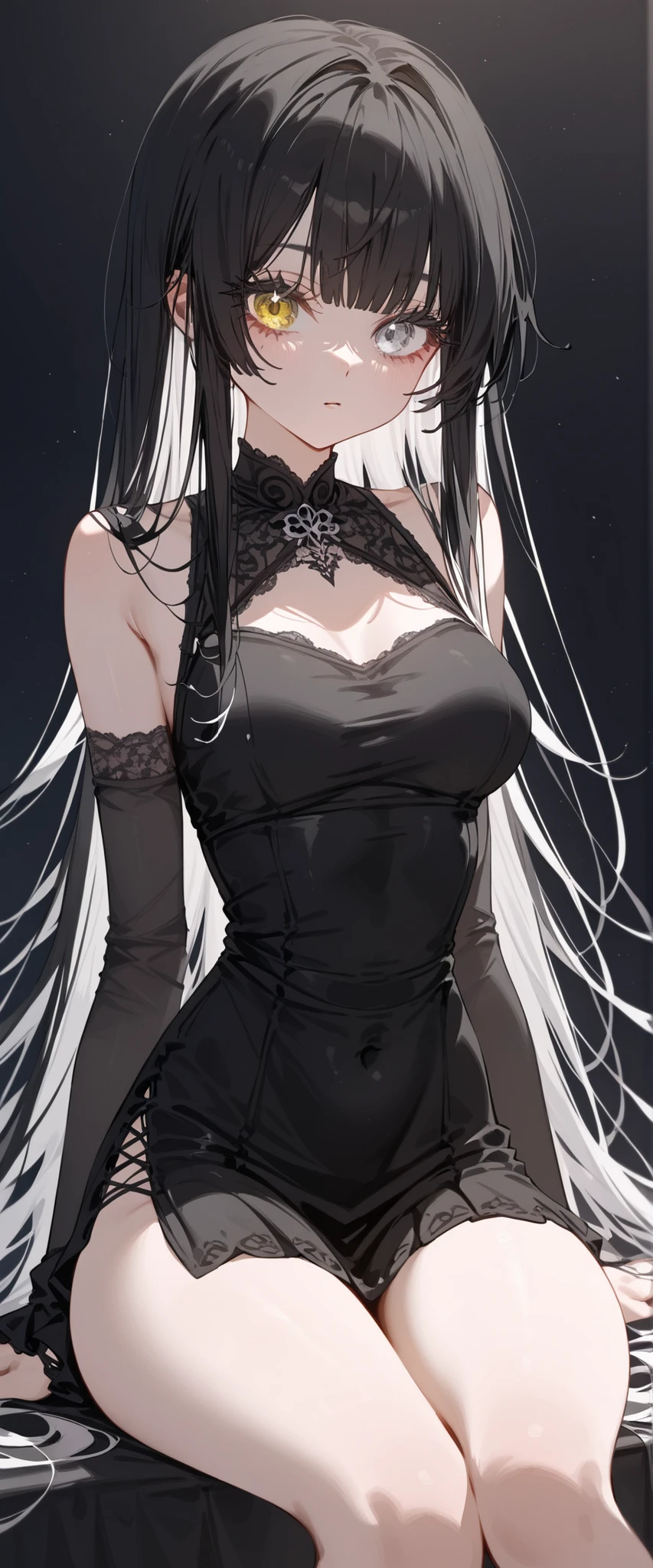 Cute girl with long dark grey hair，(Black lace jumpsuit:1.2)，blush，Shiny skin，Large breasts，Black tights，Dark blue eyes