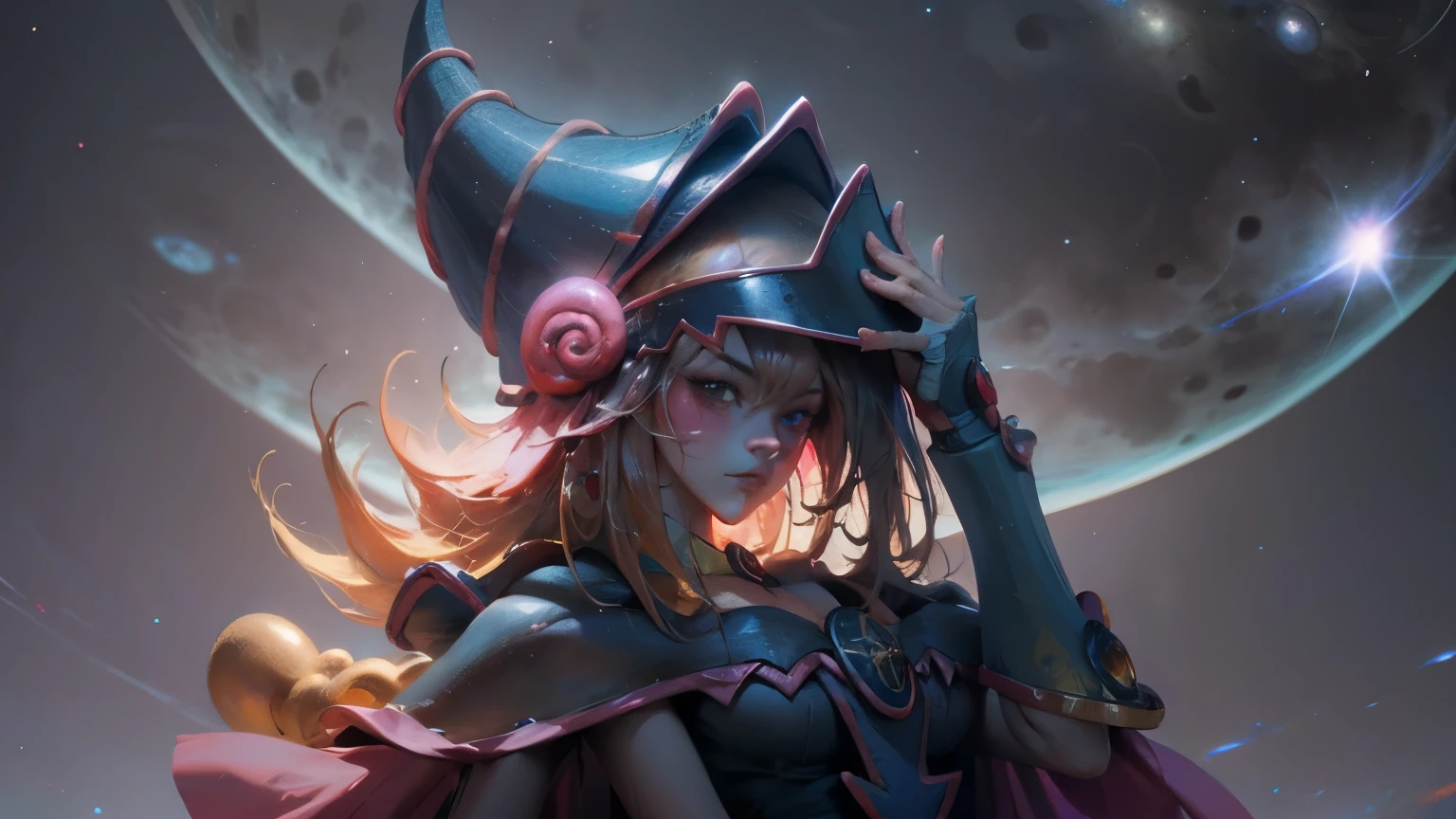 Giles magos oscuros. magos oscuros. ojos azules. cabello rubio. labios rojos. Detailed Features.., cosmic colors, ethereal lighting, Pintura surrealista, high resolution, otherworldly atmosphere, Seres celestiales. Hermosa diosa