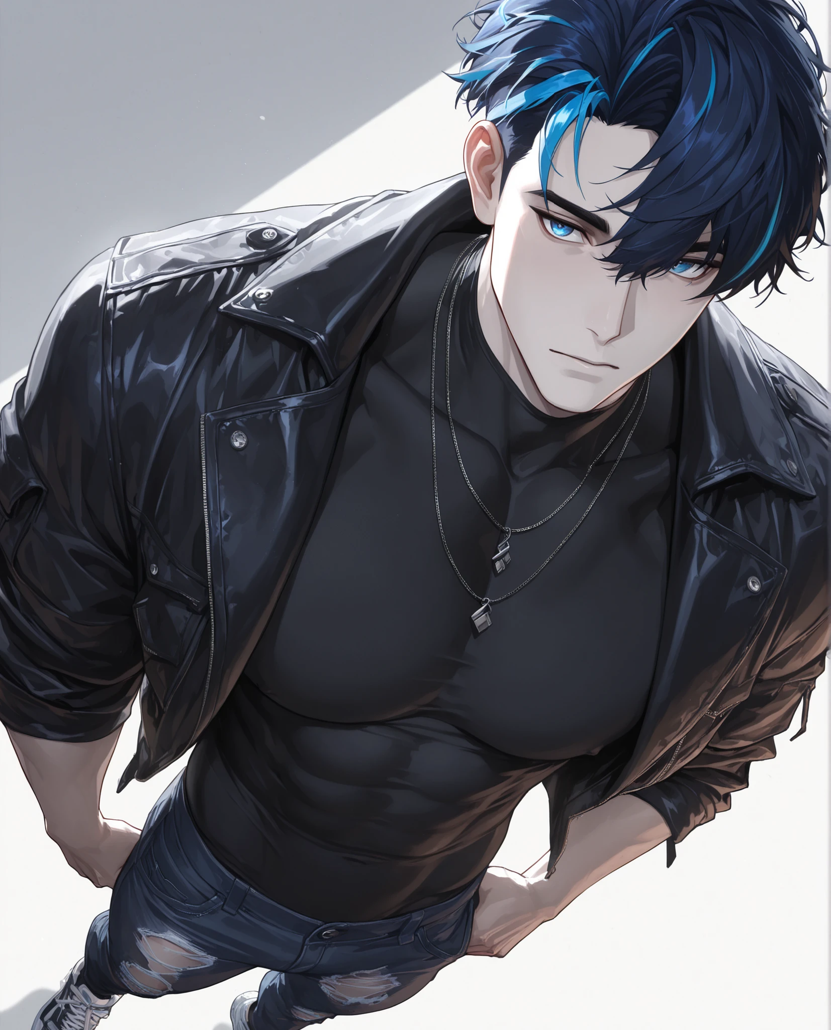 1 man, adult, solo, male focus, (streaked hair:1.5), dark blue hair, blue hair, short hair, blue eyes, cool large shirt, black shirt, necklaces, muscular, sexy man, handsome, solo, mature, handsome, sexy man, sensual, pale skin, lean, muscular, cool,
,solo, cool_man_style, male cool clothes, cool fashion, intricate clothes, intricate accessories, intricate patterns, cool, stylish, compression shirt, black leather jacket, torn jeans, sneakers, standing , upper body , (portrait), looking at forward,dynamic angle,cinematic lighting , cinematic angle, soft light , color detail, backlighting,long exposure, intricate colors, vibrant colors, ,8K, UHD, abstract background, white background, best quality, soft lines, clear details