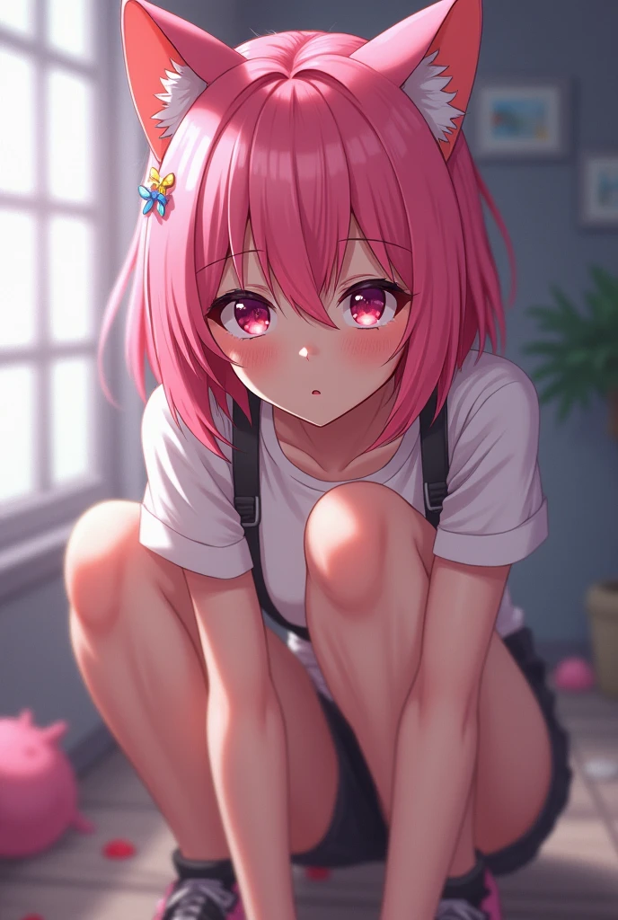 teenage girl，crop top，hot pants，Queen，Shake ack view，Cord，bondage，red eyes，No underwear，pink hair，big ass，playful，stick out your tongue，Smile，sweat，secretion，butt close-up，sitting，Sit on the camera，back view，raised buttocks，love，soaking wet，Cat ear，transparent，bend over，lace，fishnet