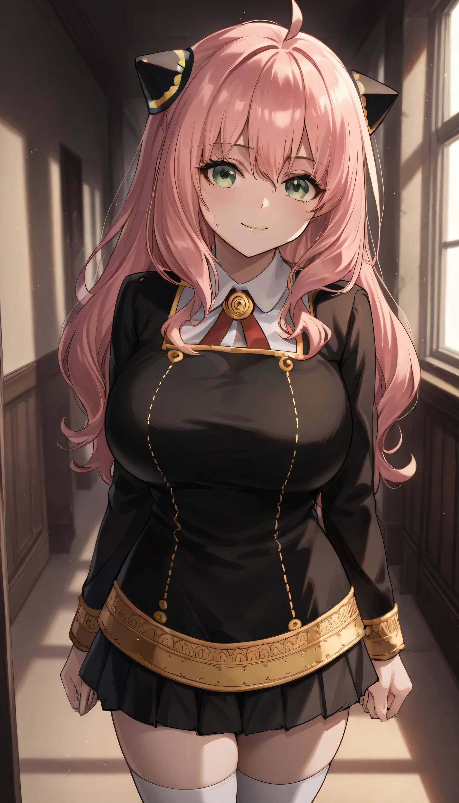 Give your images flat even illumination (negative) or dramatic chiaroscuro lighting (positive), 1girl, zzAnya, green eyes, hair between eyes, ahoge, pink hair, long hair, hair ornament, hairpods, long sleeves, dress, school uniform, white shirt, pleated skirt, collared shirt, miniskirt, black skirt, black dress, white thighhighs, red ribbon, zettai ryouiki, neck ribbon, gold trim, indoors, Huge breast, I sweat,Smile,