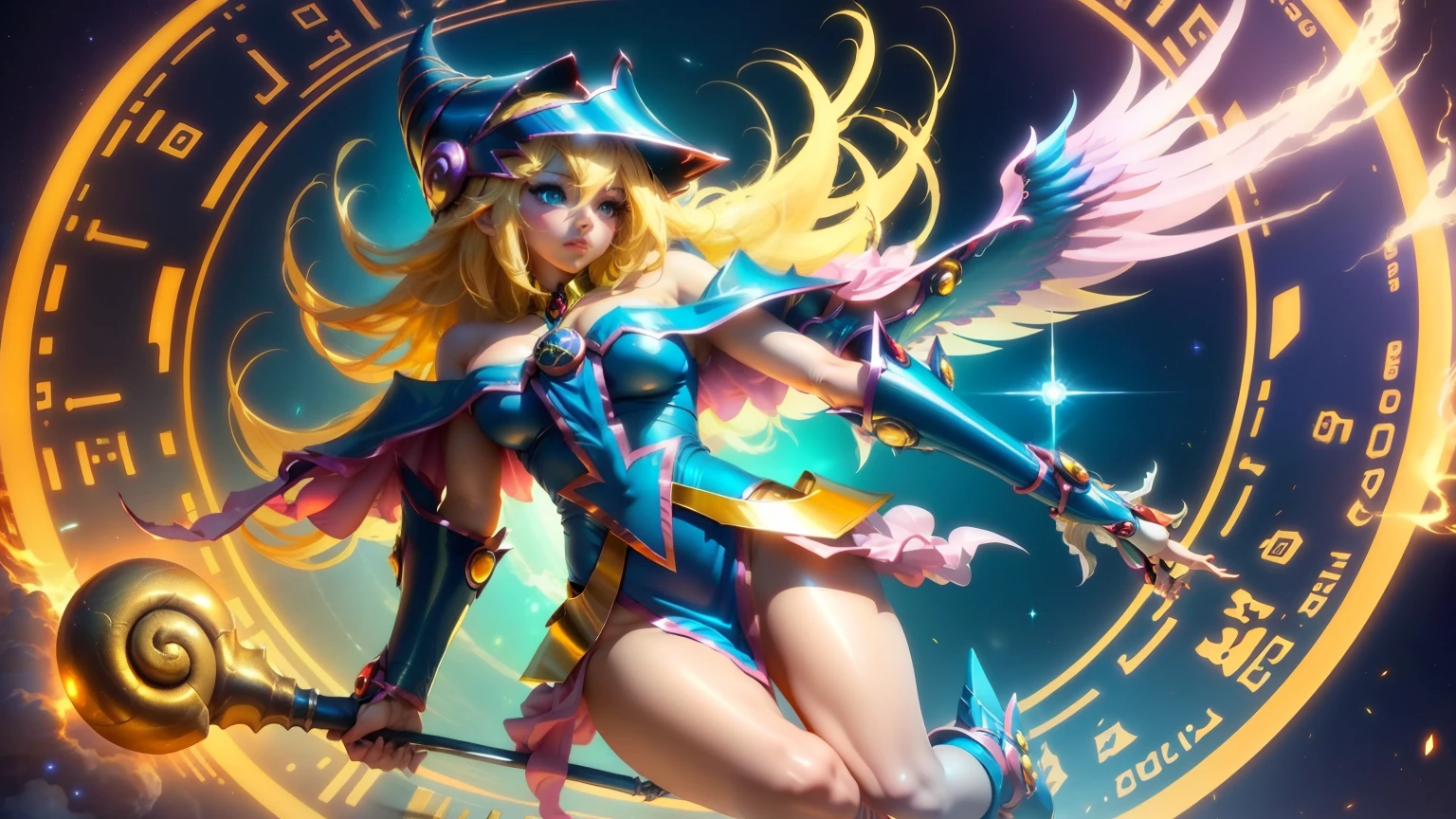 Highly detailed realistic depiction of the character Lucifer from Monster Strike, seated with a confident and slightly mischievous expression. She has long, flowing blonde hair, accented with vibrant purple and pink highlights resembling ethereal flames. Her outfit is a combination of dark blue and gold, featuring intricate designs that hint at angelic and demonic elements. She wears a golden scale around her neck, symbolizing balance and judgment. Her wings are a blend of angelic and bat-like features, with a glossy sheen. The background is filled with cosmic elements, swirling galaxies, and mystical symbols, creating an aura of divine power and mystery. The overall mood is one of authority and elegance, with a touch of rebelliousness.