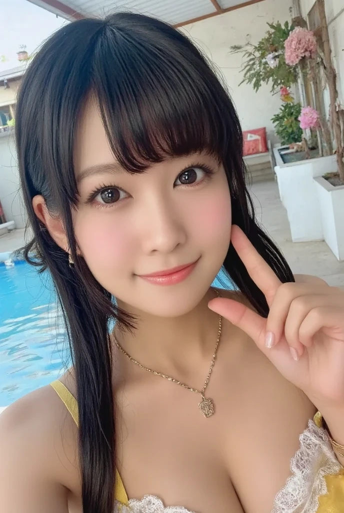 Bikini swimwear, 独奏、close up of face、(写真realisitic:1.4), (hyper realisitic:1.4), (realisitic:1.3), (Smooth lighting:1.05), (Improve video lighting quality:0.9), 1womanl, a 20 yo woman, Realistic lighting, Back lighting, Facial light, raytrace, (cheerfulness:1.2), (Improved image quality:1.4), (最高級のrealisiticテクスチャードスキニーアイ, a small face, Red cheeks, mideum breasts、A slight smil,beauty legs,Pointed jaws, eye shadow, Nogizaka Idol, glowy skin, hposing Gravure Idol, in poolside, Blunt bangs, Black hair, hair behind ear, hair over shoulder, Long hair,Tear bag
