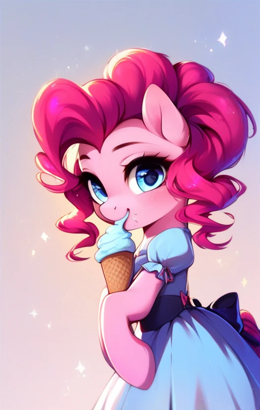 masterpiece, dessert goddess, sitting on top of a tall cake tower, detailed face, pink dessert garden, cute dessert decorations, ice cream, cookies, turning to look at viewer, pink eyes, long curly pony tail hair, wearing lots of jewelry, desset themed jewelry, dessert themed earings, sexy dessert themed bathing suit, happy, turning to face viewer, wielding magical cake wand, fancy dessert crown