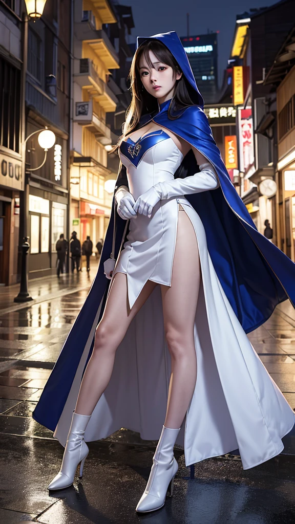 South korea assassin women mystery hooded on with modern royal Blue coat with long and wide sleeves with buttons and royal Blue cape and very high white heel over the knee and white gloves, As she reveals a small secret hidden blade coming from his palm , adding to the character's mysterious and agile appearance, with small movements of air on the cape, jump from roof to roof, in summer at night under the rain,medieval south korea house. sophisticated and highly detailed, ultra hd, realistic, hyper detailed, enhanced colours, ultra sharp focus, with vibrant, rich in details High quality, gorgeous, captivating, 8k, super detailed, stunning shadows, detailed lines, blood stain on coat and gloves, corpses in the street recently murdered