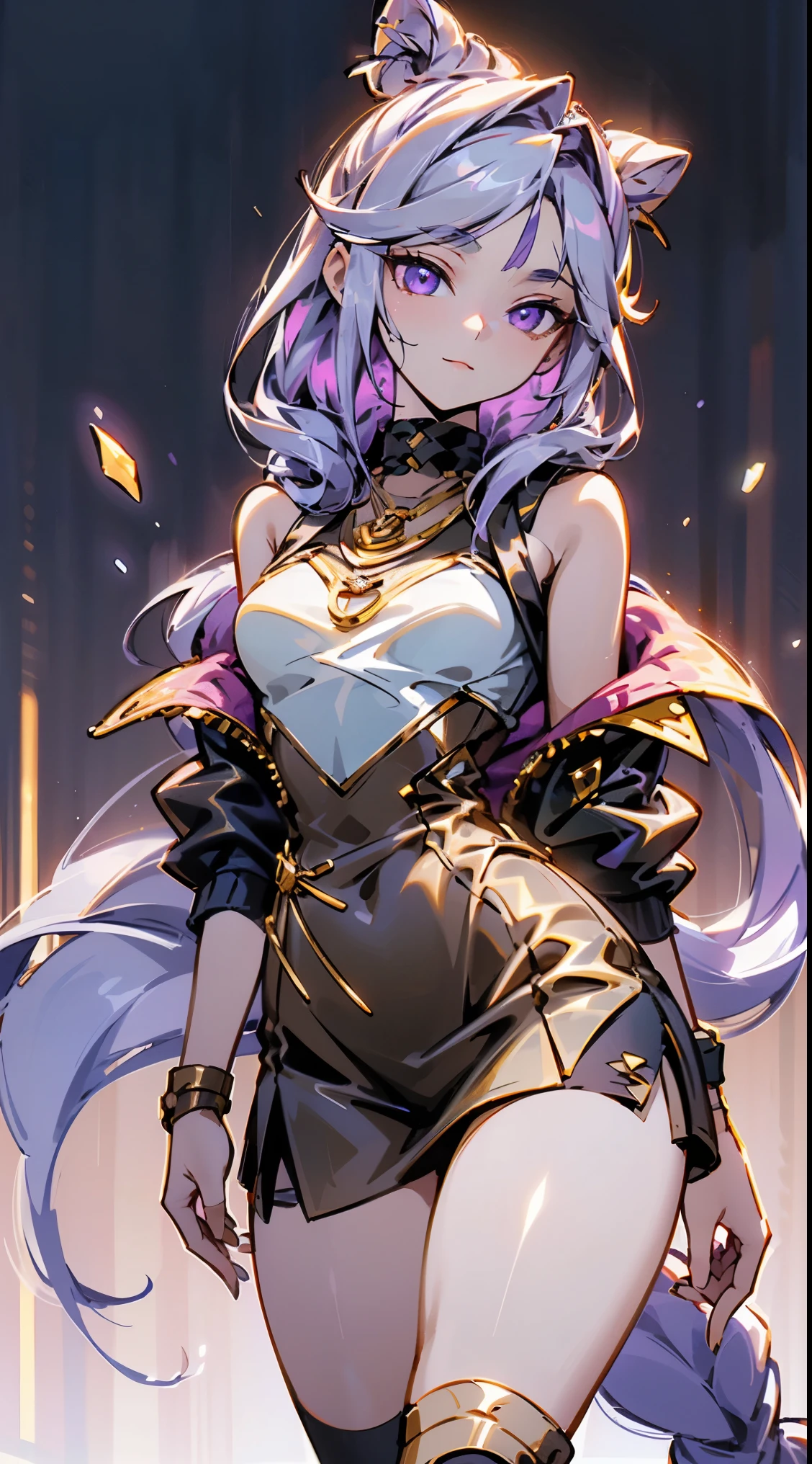 Vampire Queen Combat Dress (Radiant Royal Cloak: 1.2) Black and Purple Color, (extremely delicate beautiful eyes and depression but arrogant eyes), (multicolor, ponytail, iridescent hair, colorful hair, half purple and half pink hair: 1.3), (magical, mythic,fantasy), (Super Model Body Shape, idol, seducing body, attractive, gorgeous, charming, majesty, Sexy Devil aura), Original Character, Masterpiece, Tempting Purple Eyes, Purple Gemstone Accessories, Gold Belt, Gold Necklace, Evil Wind and floating effect, Soft Moonlight, unique crown, (Lewd Corruption Tattoo on 1;1.25),16k wallpaper style,bare shoulders, cute, solo, stars, stardust, shiny body detailed, legend, pink lips, cinematic lighting, scale up, twilight, dark magic, dark element, perfect shadow, purple gem on forehead
