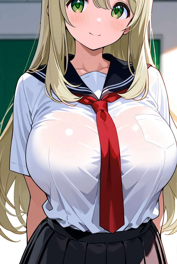 Best quality, masterpiece, a high resolution, One, {Enom_Futokunoguild:1.15}, blonde_hair, long_hair, blush, blue_eyes, tie, open_mouth, breast, blue_tie, big_breast, 1 girl, anime_coloring book, collared_shirt, shirt, white_shirt, hair_good, parody, lonely_hair_good, Bang, hair_between_eyes, in room, jacket, red_jacket, Cloak,completely naked,really bare your nipples,it&#39;s good to have a big pussy