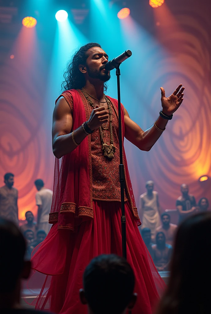 A man who has a dj operator bihind him so many people dancing and lights he wears dancing costumes with chain on neck with a hoody with kerala style dhoti 