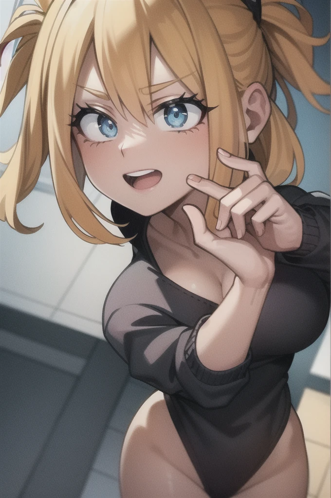 masterpiece, best quality, aya brea, looking at viewer, large breasts, upper body, portrait, seductive smile, put your hands behind your head, armpits, armpits visible, sweaty armpits, wearing black tanktop