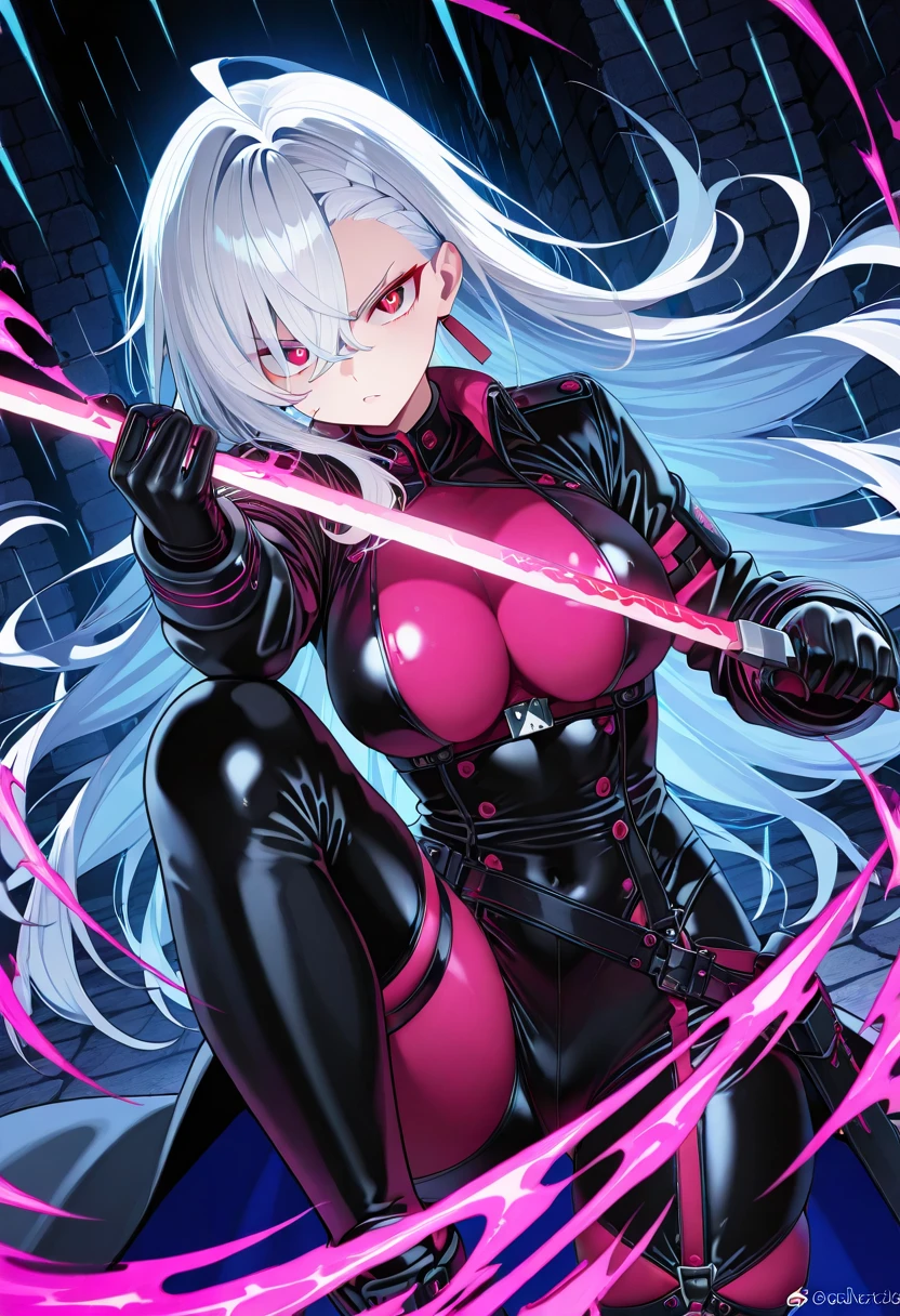 Young and beautiful woman,(Highest quality,Extremely detailed depiction,Incredible high resolution,Anatomically accurate depiction,Two beautiful hands, Five perfect fingers,Curvy Legs),(Glowing Skin,Glowing Skin,Oilskin),(((Female leader of an evil organization))),(Latex Military Costume,An intricately constructed shiny bondage dress,military hat,military cloak,Villain mask covering the eyes,Thigh-high boots,Long gloves,Leather Choker,pantyhose),eyelash,eye shadow,(Glowing pink eyes,There is cleavage in the chest,Captivating smile,Large Breasts,Glossy Lips,Shadowed face,Sitting cross-legged,Equipped with a whip),Sweat,whole body,blush,background:Secret base of the future,Pink light,(Poses that accentuate the buttocks:1.1)