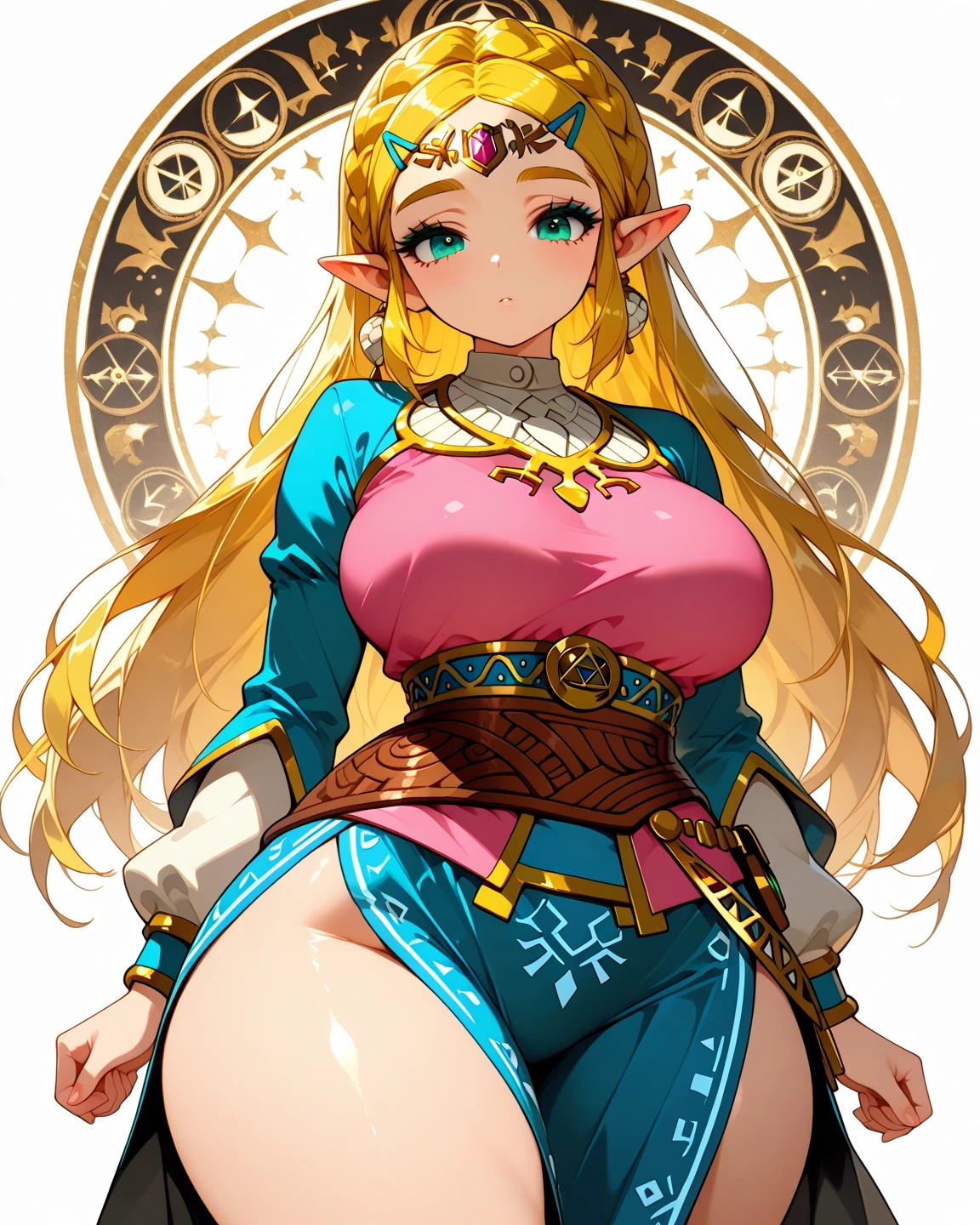 High resolution, Very detailed, perfect lighting, beautiful detailed eyes, ((masterpiece,Best Quality)), absurdities, alone, princess zelda, by the width, crown braid, Hair clip, pointy ears, Gloves without fingers, black gloves, smile, curves, nod, , deep neckline, deep neckline, short skirt, visible underwear, pink thong, touching her breasts in a sexy way, close up, disfraz de mucama sexy, disfraz de sirvienta sexy color negro
