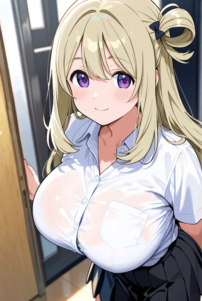 (masutepiece, Best Quality, hight resolution, nffsw, Perfect Pixel, depth of fields, 4K),
1girl in, Lori, Beautiful anime girl,
Looking at Viewer,
Perfect body,
Bookmark_Katase, Brown hair, Brown eyes, Large breasts,
Smile,
Open mouth,
White shirt, Purple Cardigan, cleavage, Employee ID, short skirt,
Office,
From above, POV, Upper Eyes,
Half closed eyes, blush,