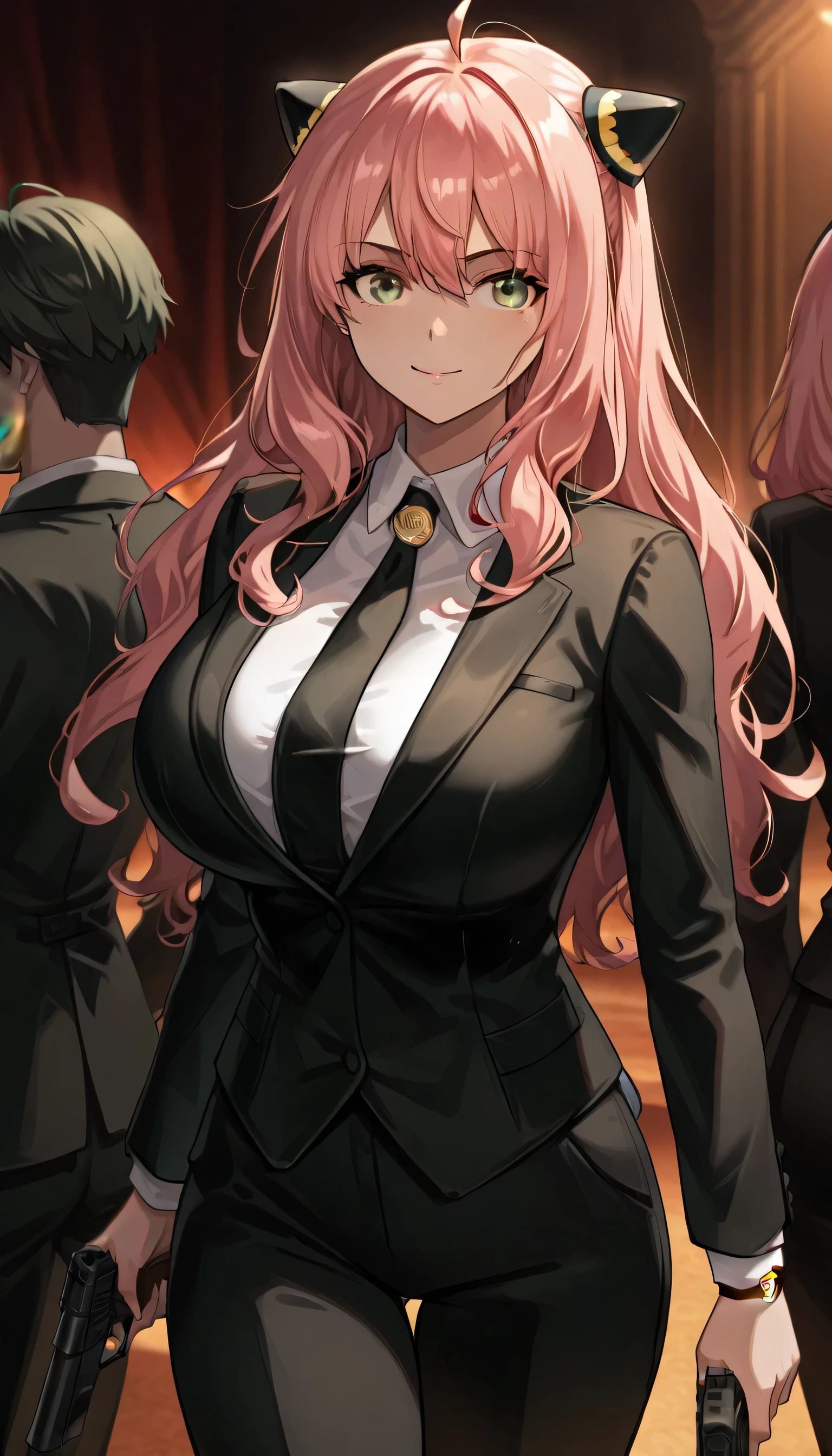 Give your images flat even illumination (negative) or dramatic chiaroscuro lighting (positive), zzAnya, green eyes, hair between eyes, ahoge, pink hair, long hair, hair ornament, hairpods, gold hairband,hair flower, holding Gun ,Huge breast, I sweat,Smile, 1 girls,Dark night street, serious face, , , formal, solo, necktie, , suit, , shirt, black_pants, pants, black_suit, , wristwatch, black_vest, blurry, white_shirt, , vest, jacket, black_necktie, collared_shirt, black_jacket, stubble, cowboy_shot, closed_mouth, Gun,solo