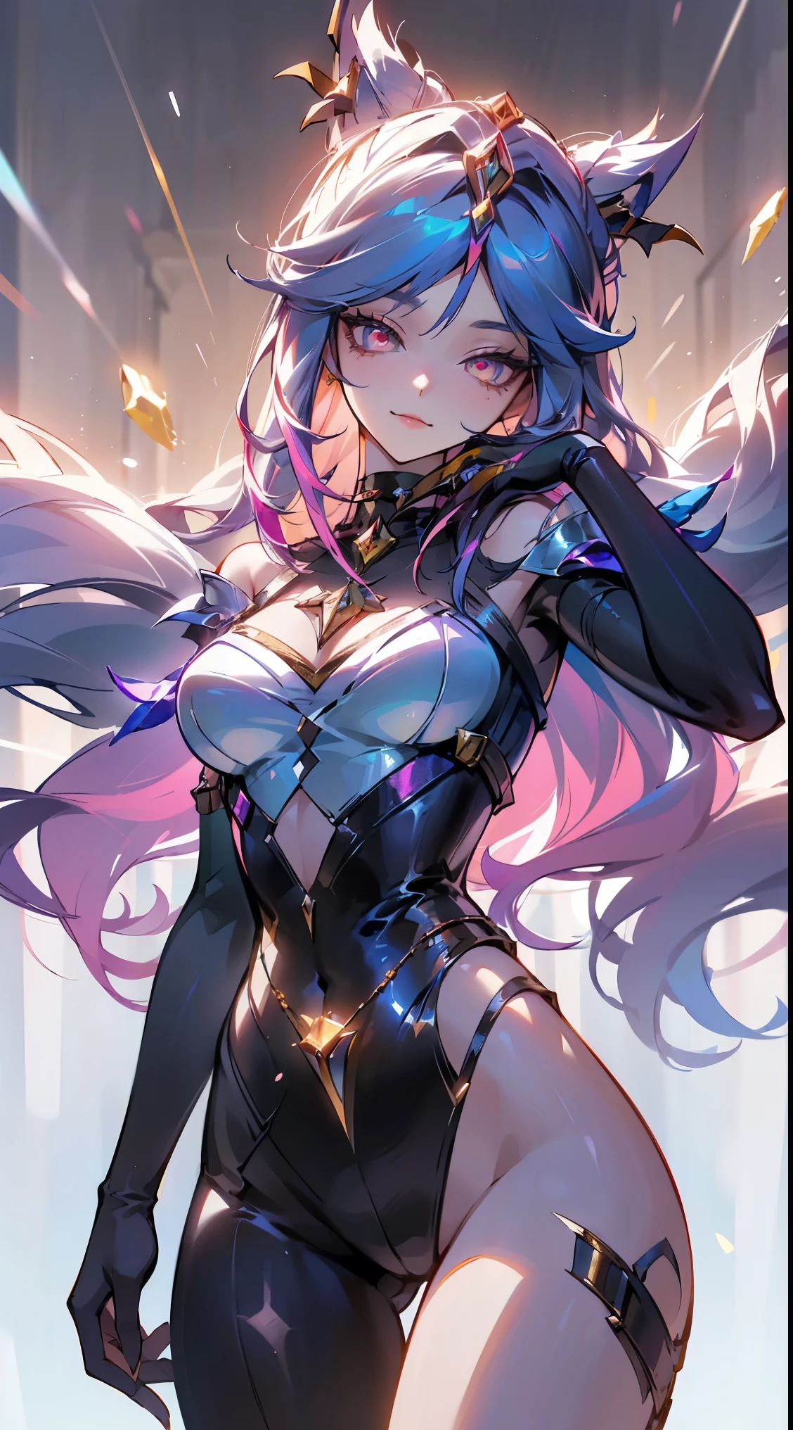 majestic pose: Noxira is standing, emanating an aura of power and mystery, with eyes shining with a deep darkness.Cryptic Expression: Your face reveals relentless determination, without showing emotions, as if looking at the universe with disdain.dark environment: She is surrounded by a halo of dense shadows and shooting stars, highlighting her nature as Goddess of the Void.armor details: The black armor is adorned with intricate patterns reminiscent of distant galaxies and nebulae., Reflecting Your Connection to the Cosmos.stellar background: The scenery behind her is a starry sky, with bright stars and a gloomy atmosphere, complementing its imposing presence.
