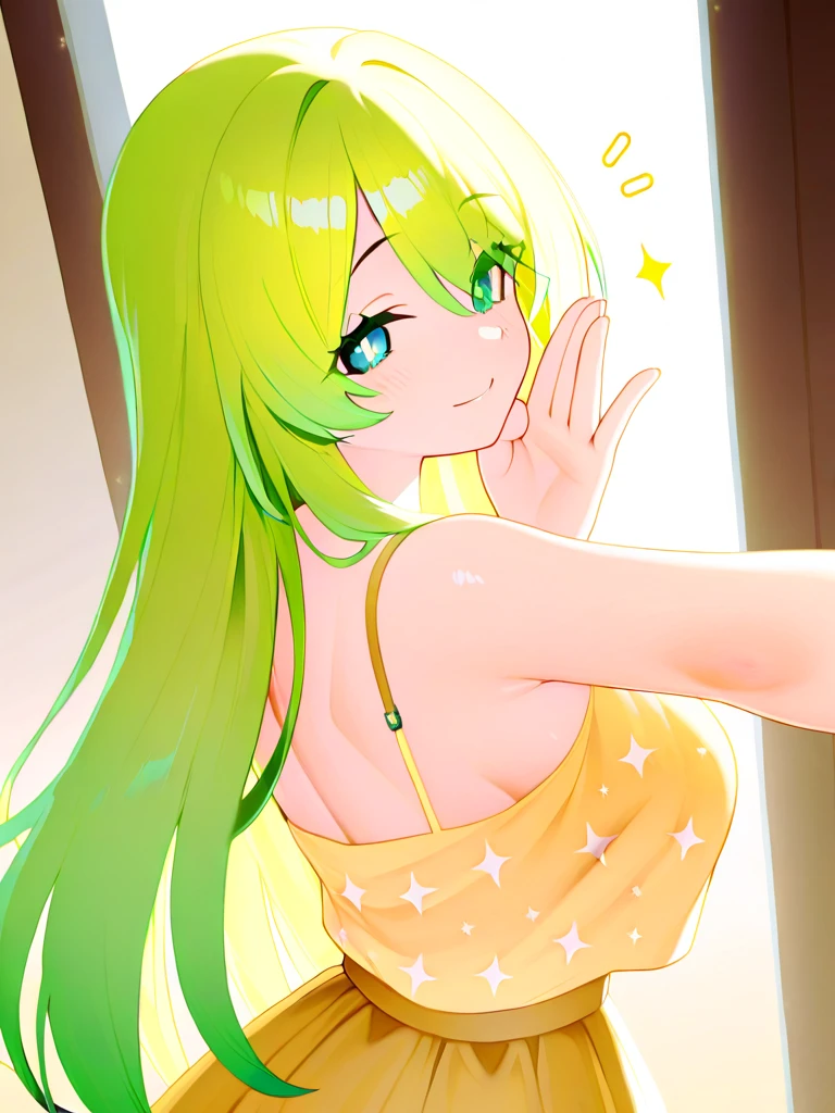Highest quality,High resolution,HDR, 8k hd,The finer details, Exact number of legs,Exact number of arms, Perfect hands,Perfect legs,Absurd, Bright colors, extremely beautiful detailed anime face,Look straight ahead,No bra, Beautiful breasts, Gazing at the audience,Feet outside the frame, White skin, hair accessory,Earrings, Earrings, necklace, Alone, (20 year old girl:1.5), (Shiny medium-long hair:1.4),((Light green hair)),Asymmetrical bangs,(Small eyes:1.5),Very beautiful detailed eyes,Delicate and beautiful features,(Sulky look:1.2)