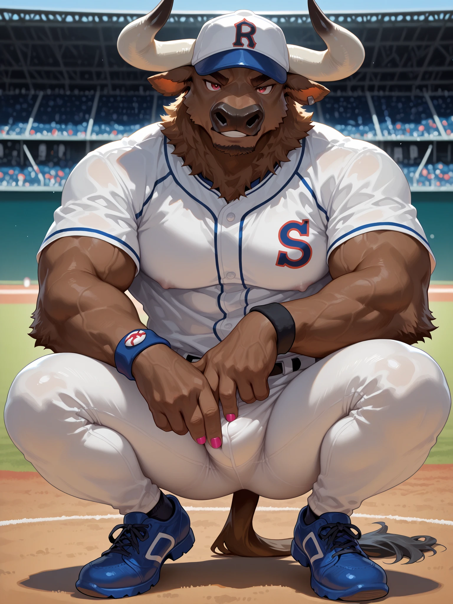 a baby face, Musclegut, Bigchest, cute bear boy,baseball catcher look , blush, embarrassed from, anguished expression, crouching down,Gripping the penis, Sweating, Precum drips, testicle, baseball field, nightfall