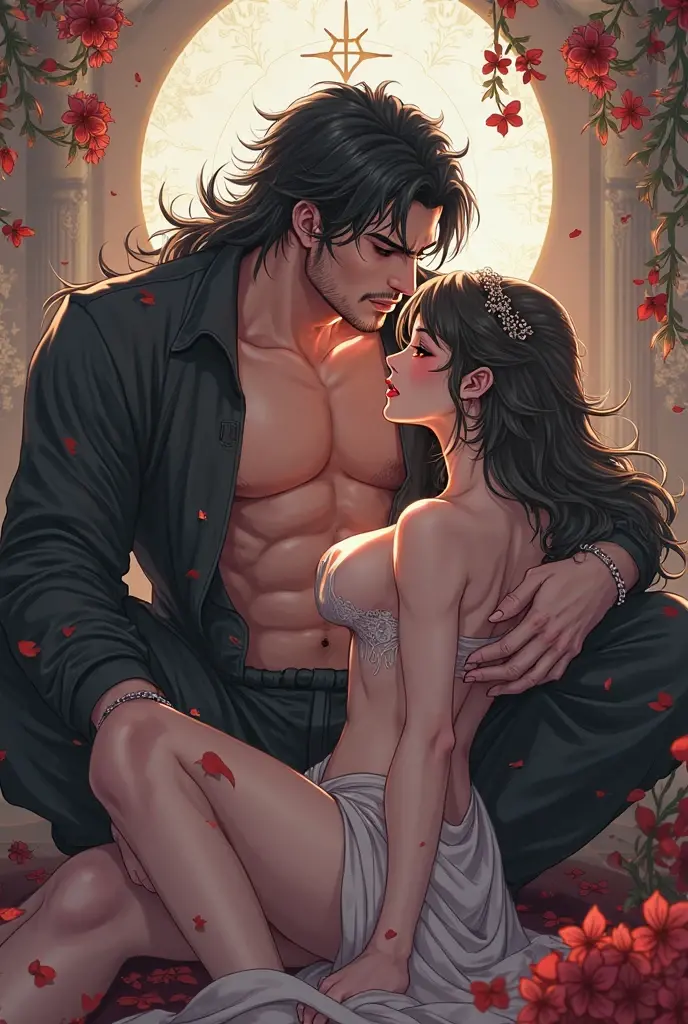 A sinfully hot, seductive and intimate CG portrait. A refined and sensual masterpiece that represents the ultimate masculine sensuality. The scene shows a shirtless man lying on a ruby red satin sheet looking sensual with long black hair and blue eyes. The bed is decorated with dark linen. White milky transparent slime on its abdomen