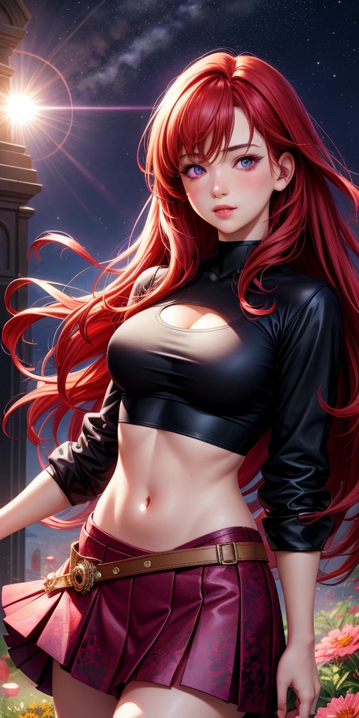 A stunningly realistic dark fantasy portrait of a tall, leggy red-haired woman with a chiseled abs, small waist, large emerald green eyes, and plump lips. She stands confidently, her body displayed in all its glory. The background is a mix of dark, brooding colors, with some ethereal elements, creating an atmospheric and mysterious setting. The overall tone of the image is a blend of beauty, power, and darkness., dark fantasy, portrait photography, painting