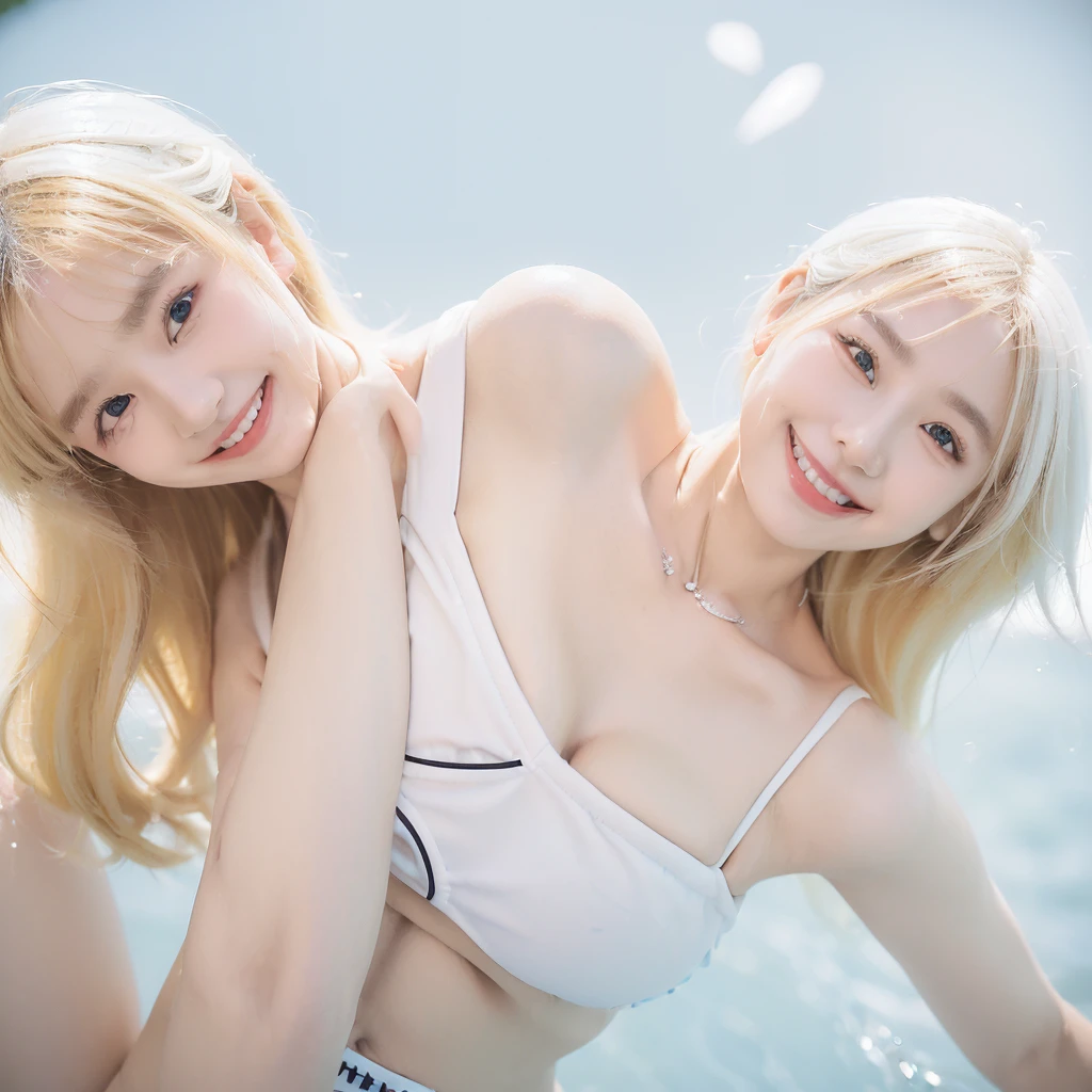 white blond hair、 (( Sexy transparent bikini))、2 very beautiful Swedish 18 year old pretty girls、 shiny skin、 white skinned、 a smile、 beautiful bangs、 long and straight、2 位 絲般美蘿麗的white blond hair女郎、 shiny hair、 Extra long ponytail、 Eyeliner、 a small face、 Extra large breasts、 crystal clear ocean blue eyes、 shining with beautiful light、 With tiara, pendant and earrings、beautiful and smart girl、 Playing in the water outdoors on the beach and taking a full body photo together、 Looking to the future