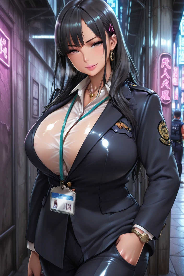 (masterpiece, best quality, ultra detailed, absurdres)1.5, 1girl, (sexy, beautiful woman, perfect face, perfect eyes, perfect female body, kkw-h-bb)1.5, (dolla \(nikke\), dolladef, suit, jacket, black gloves, black pants, necktie, black ankle boots, ), (standing in the middle of a wasteland, science fiction), perfect lighting, smooth, hdr, gigantic breasts