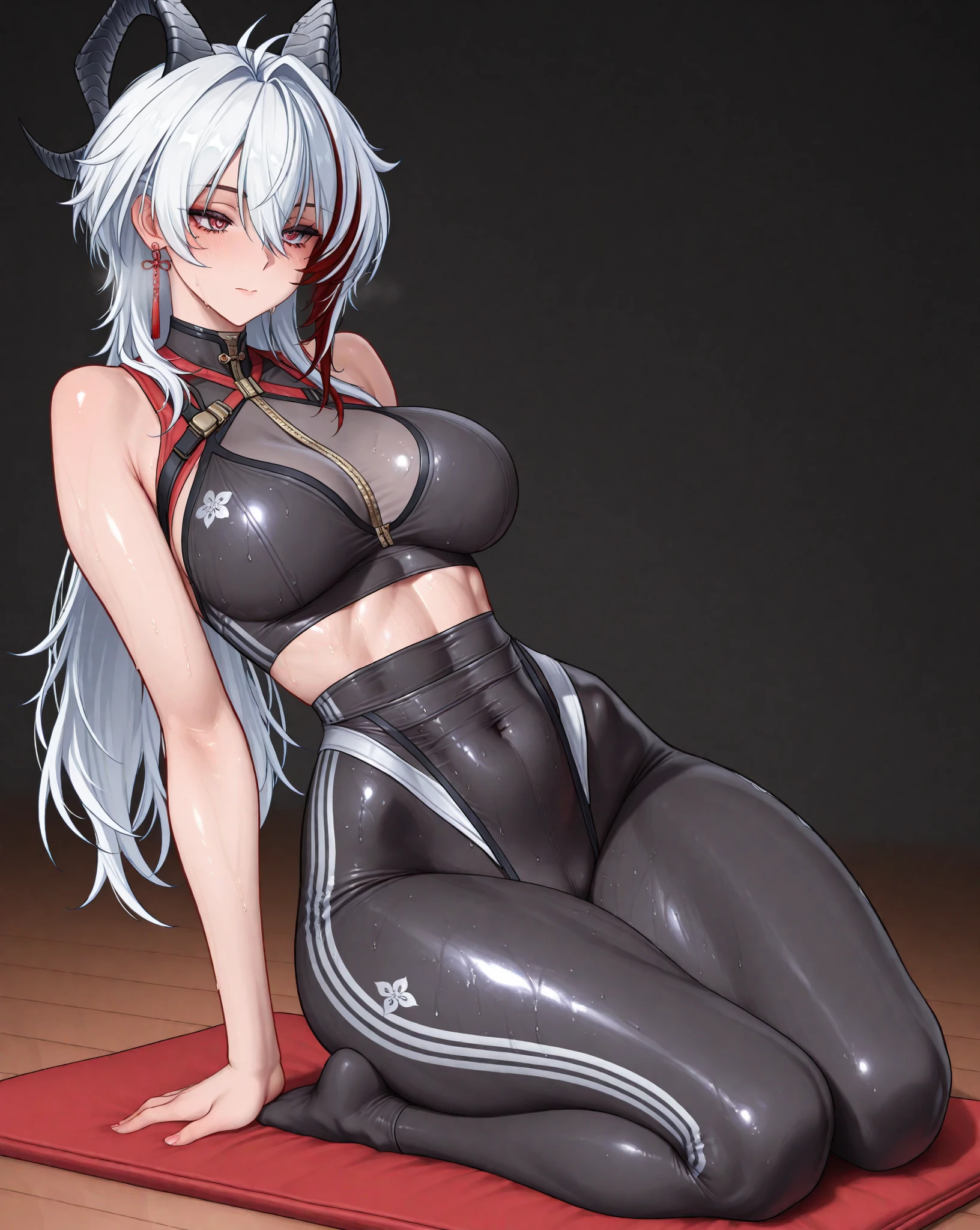 Female boxer,18 years old,Pretty Face,Slim figure,detailed picture, Seductive expression, blush,White long hair, Wearing cheongsam,Soaked,Wear black pantyhose,No shoes, Wearing black boxing gloves,Black sleeves on arms, Sitting in the boxing ring and doing sexy moves,Large Breasts,Cleavage,Long legs,Thin waist,nipple,Camel toe,Collar,Cat ear