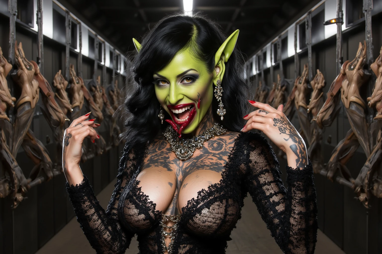 a demon girl with fiery attire, detailed face and eyes, dark skin, horns, detailed demonic features, in a dark hellish dessert shop, flame-themed ice creams shaped like dildos, realistic, photorealistic, 8k, best quality, masterpiece, highly detailed, vivid colors, dramatic lighting, moody atmosphere, dark fantasy, horror, cinematic