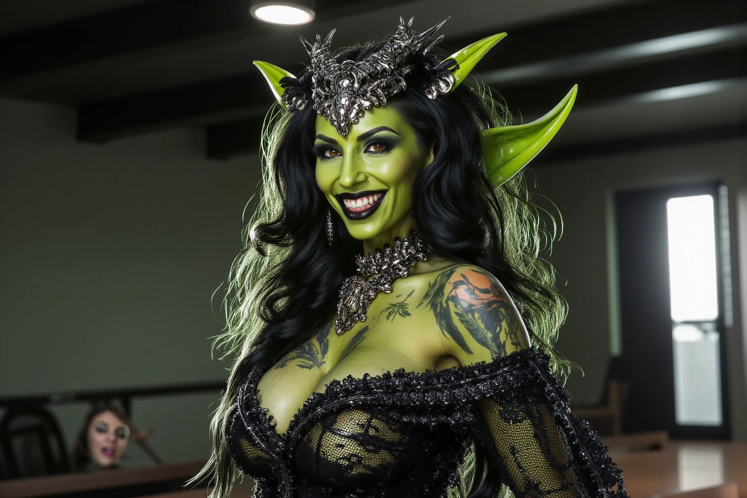 a close up of a woman in a costume with a crown on, female orc, green orc female, orc themed, half orc half elf woman, female orc forest druid, in style of wold of warcraft, from warcraft, warcraft character, hot reptile humanoid woman, green armor, orc, cinematic goddess body shot, hyperdetailed fantasy character, warcraft style