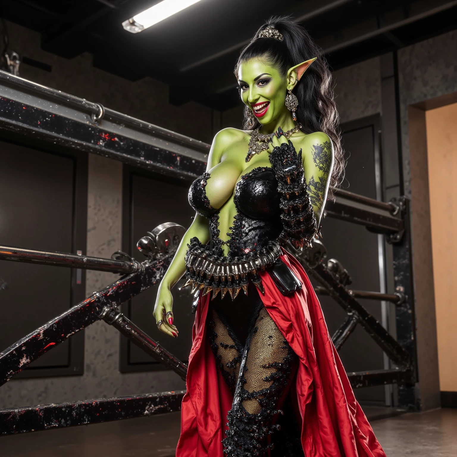 1 girl, small, goblin girl, female goblin, goblin, (green skin), ((large ears)), full body, (((long black hair))), ((small chest)), ((wide hips, thick thighlat )), Mature looking, ((full body))), by front, ((( royal knight armor ))), sexy, covered in blood
