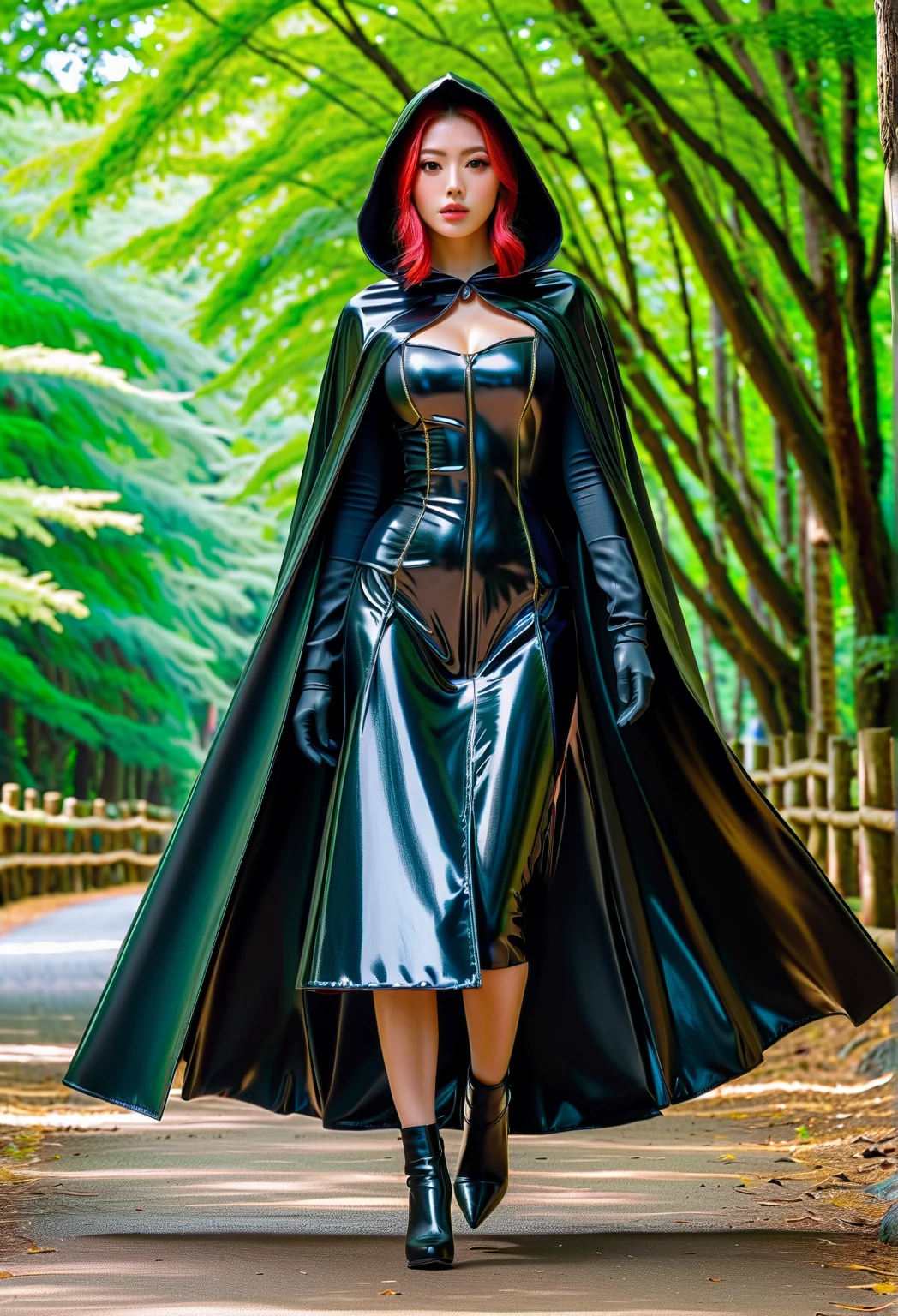 realistic horror photo , gothic Christina Hendircks , wearing black low-cut shinny pvc catsuit , shinny pvc cape , wearing long shiny pvc gloves , wearing shinny pvc thigh high boots , in horro graveyard at night with zombies