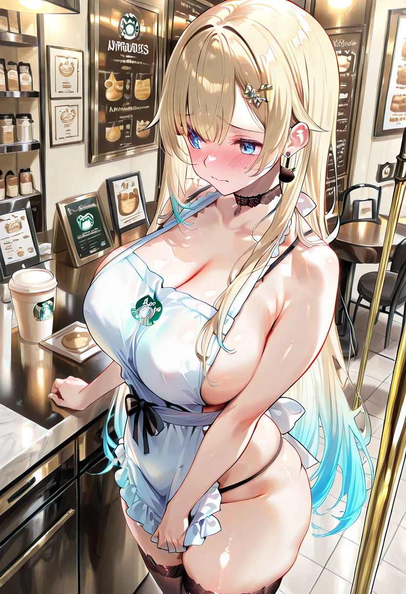 Blonde with blue eyes、maidbikini staff、Large Breasts、Twin tails、Girl Brat,Large Breasts,Cute eyes,Puffy eyes,cafe,