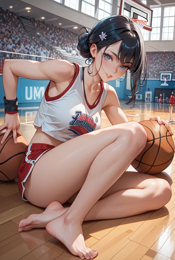 (8K, Raw photo, Best Quality, masutepiece:1.2), (Realistic, Photorealsitic:1.37),1 girl,Beautiful,Powerful, (Solo),A detailed face, Dramatic Angle,
Shoot the ball,Basketball Uniform ,Sports, Look away,Sporty,Wet skin,Sweat,Large breasts,nice legs,basketball Venues