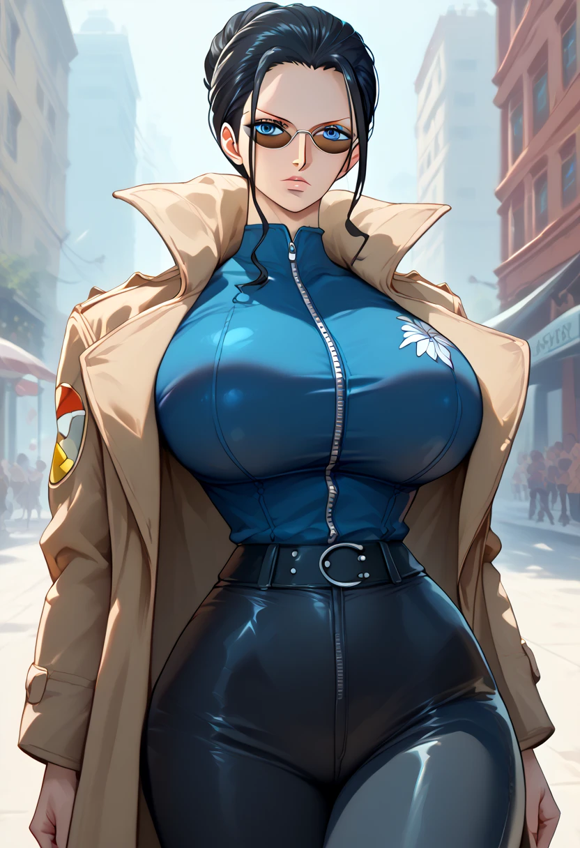 masterpiece, highest quality, High resolution, 1 girl, ticker, short hair, big breasts, race_Queen,blue leotard, Jacket, embarrassing,closed mouth, field,
