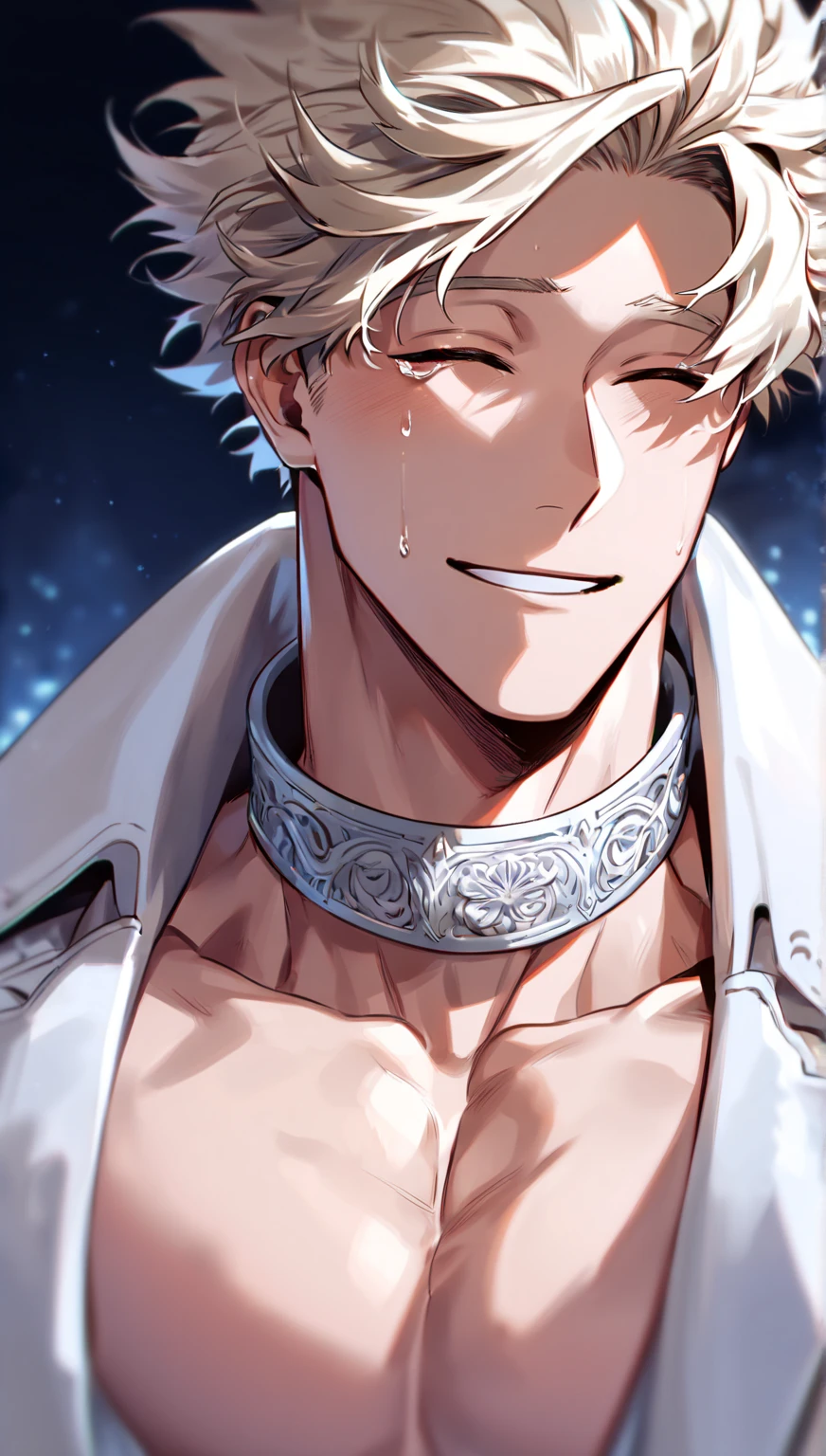 absurdres, highres, ultra detailed, HDR, master piece, best quality, Gojou Satoru, white hair, expressive blue eyes, white eyelashes, Jujutsu Kaisen, solo, sexy man, handsome, horny, lewd, black priest robes, accessories, showing the chest, cross necklace, priest, white gloves, fantasy, magical, white roses, white petals, blue sky, church, Nu Carnival