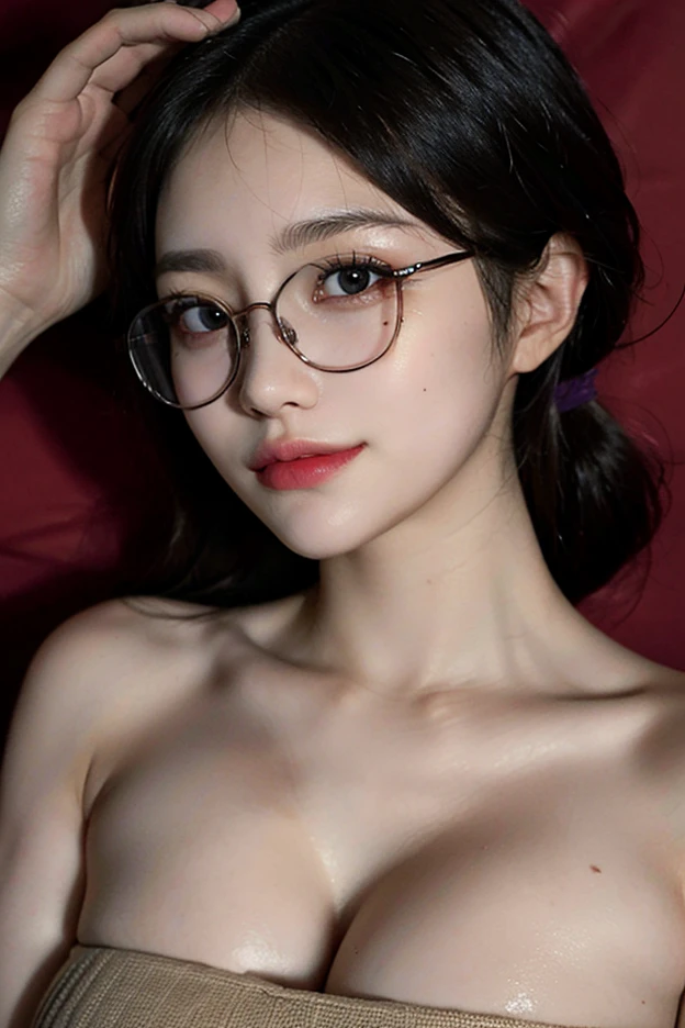 8k、High resolution、Beautiful woman of primitive times、young、white skin,、narrow eyes,high nose,lighting that illuminates the face、clear image、intellectual beauty、skinny、no makeup、The expression you show to your lover,shining hair、single eyelid,、vivid pose、looking at camera、relax on vacation、wearing a glasses