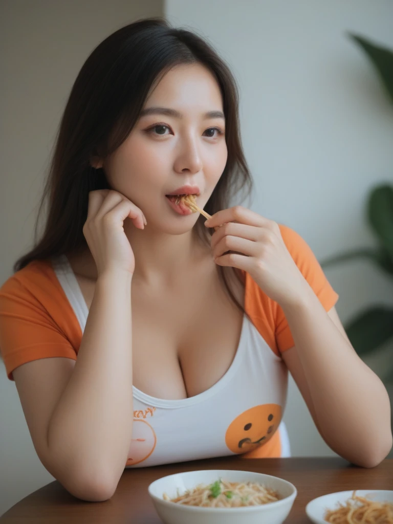 beautiful face,plump female,22 years old,eating hamburger