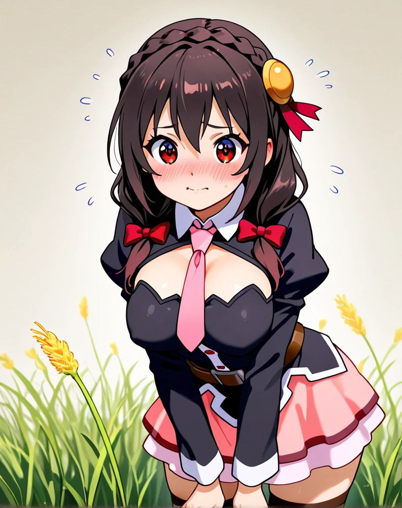 (masterpiece, Highest quality), One girl,    Yunyun,Long Hair,Braiding,Twin tails,Hair between the eyes,Red hair ribbon,hair ornaments,large round breasts,、Black Hair、Red Eyes、(Happy face:1.2)、grassland、Crown Blade,(White dress:1.5)、(blush:1.2)、cowboy shot