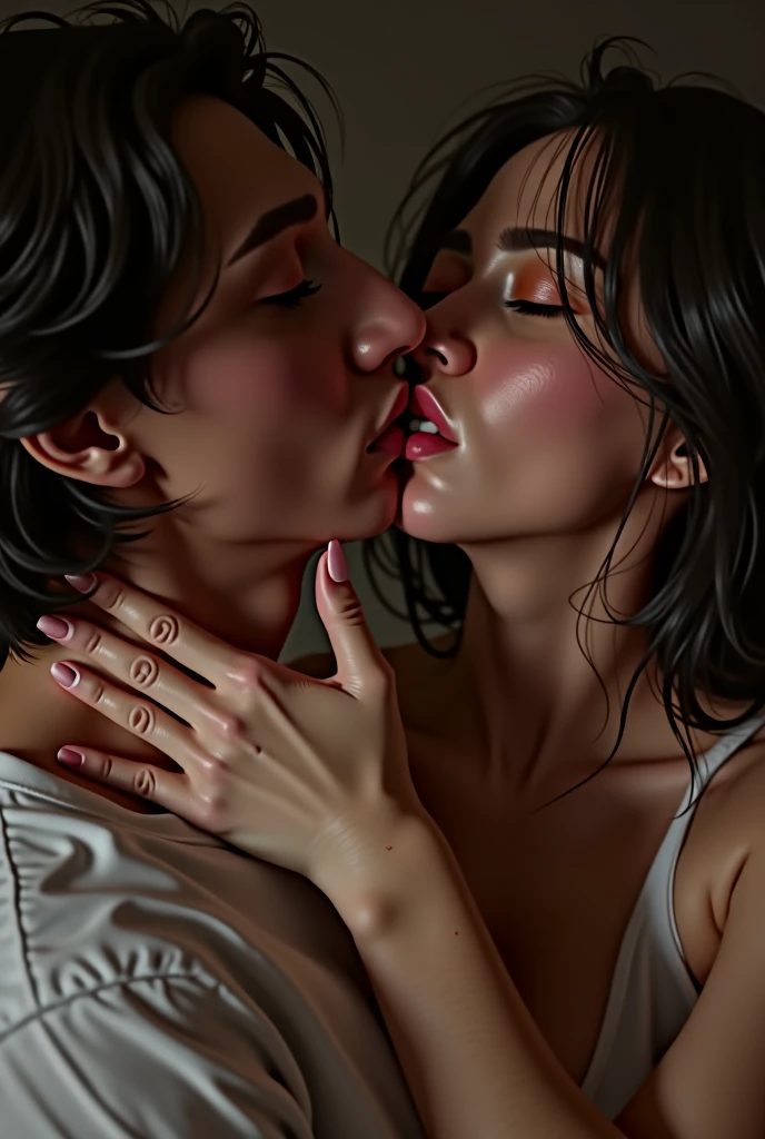 a girl with really short, dark brown hair. which is not longer than the beginning of her neck. she has a rebellious vibe. she’s kissing with a sweet boy, who has brown and very long straight hair. they are in love. she’s touching him. make it look very intimate and like a realistic drawing. they are adults.